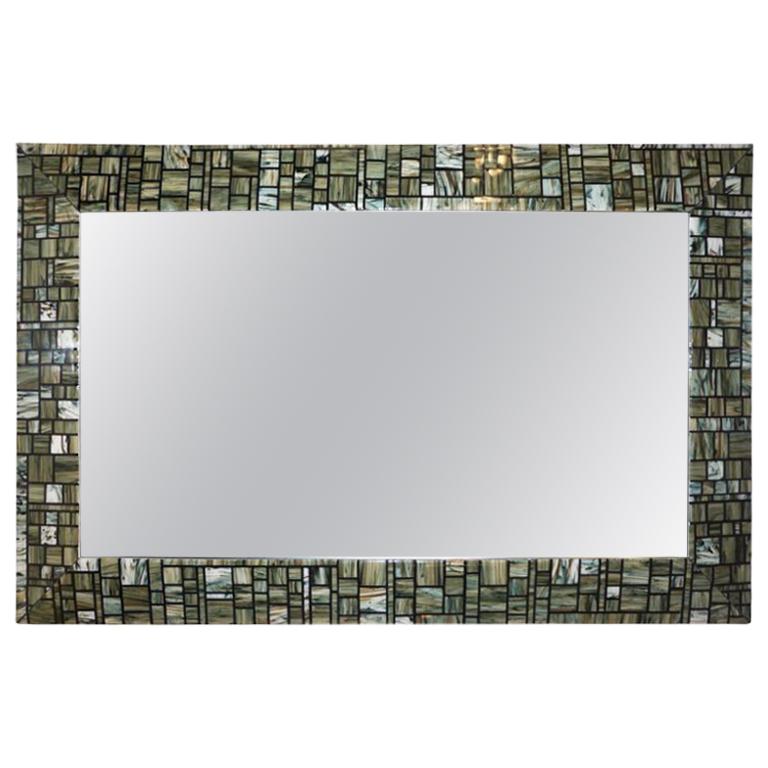 Modern Italian Green Cream Caramel White and Black Murano Glass Mosaic Mirror For Sale