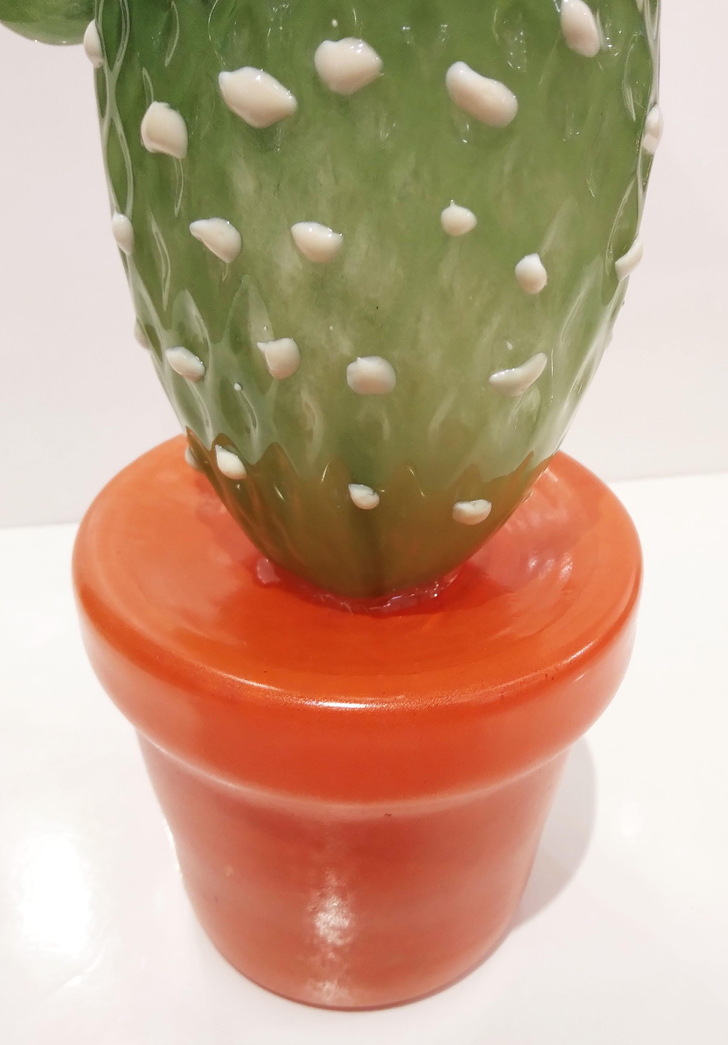 Modern Italian Green White Gold Orange Murano Glass Cactus Plant & Red Flowers  5