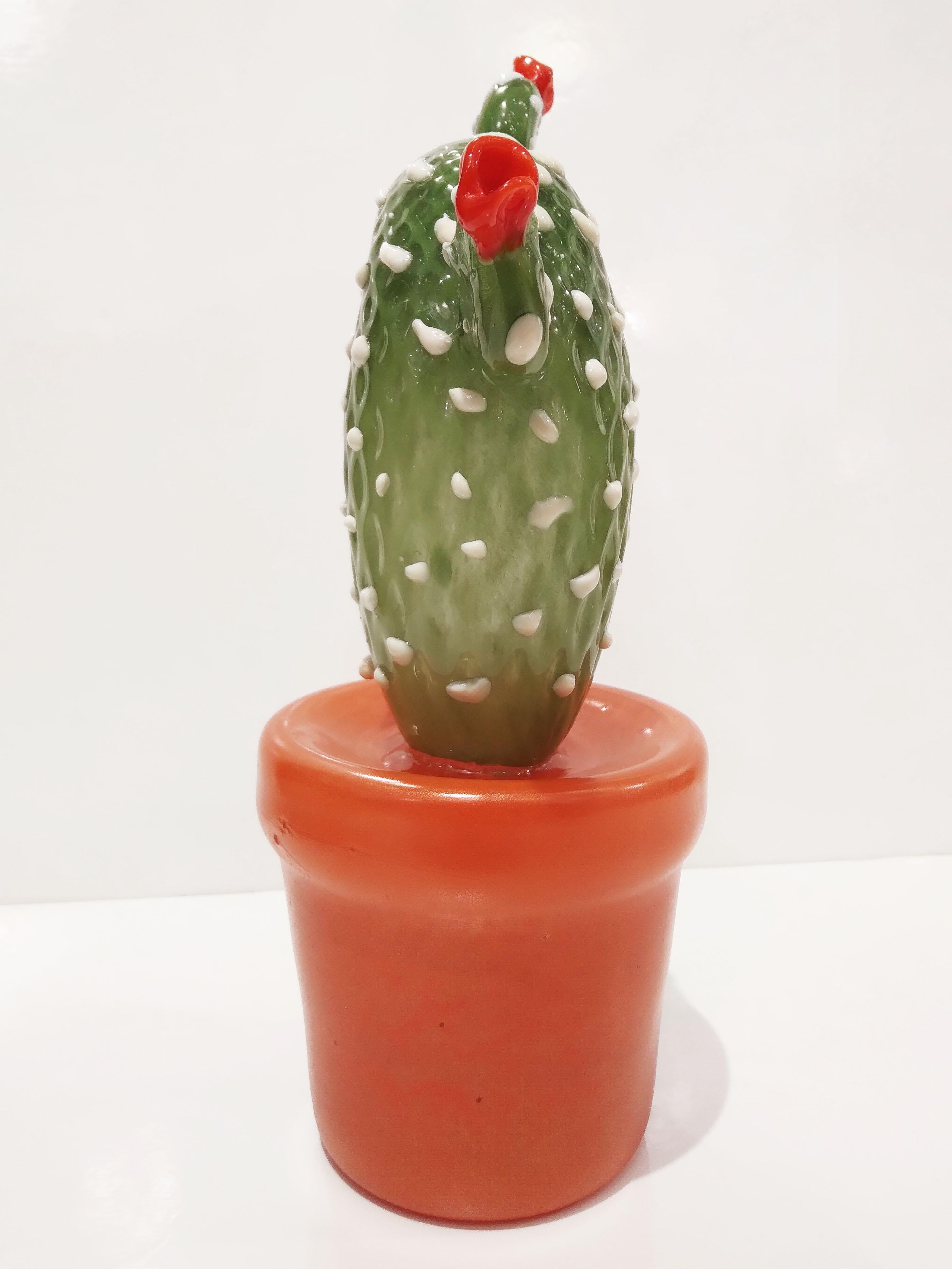 Modern Italian Green White Gold Orange Murano Glass Cactus Plant & Red Flowers For Sale 4