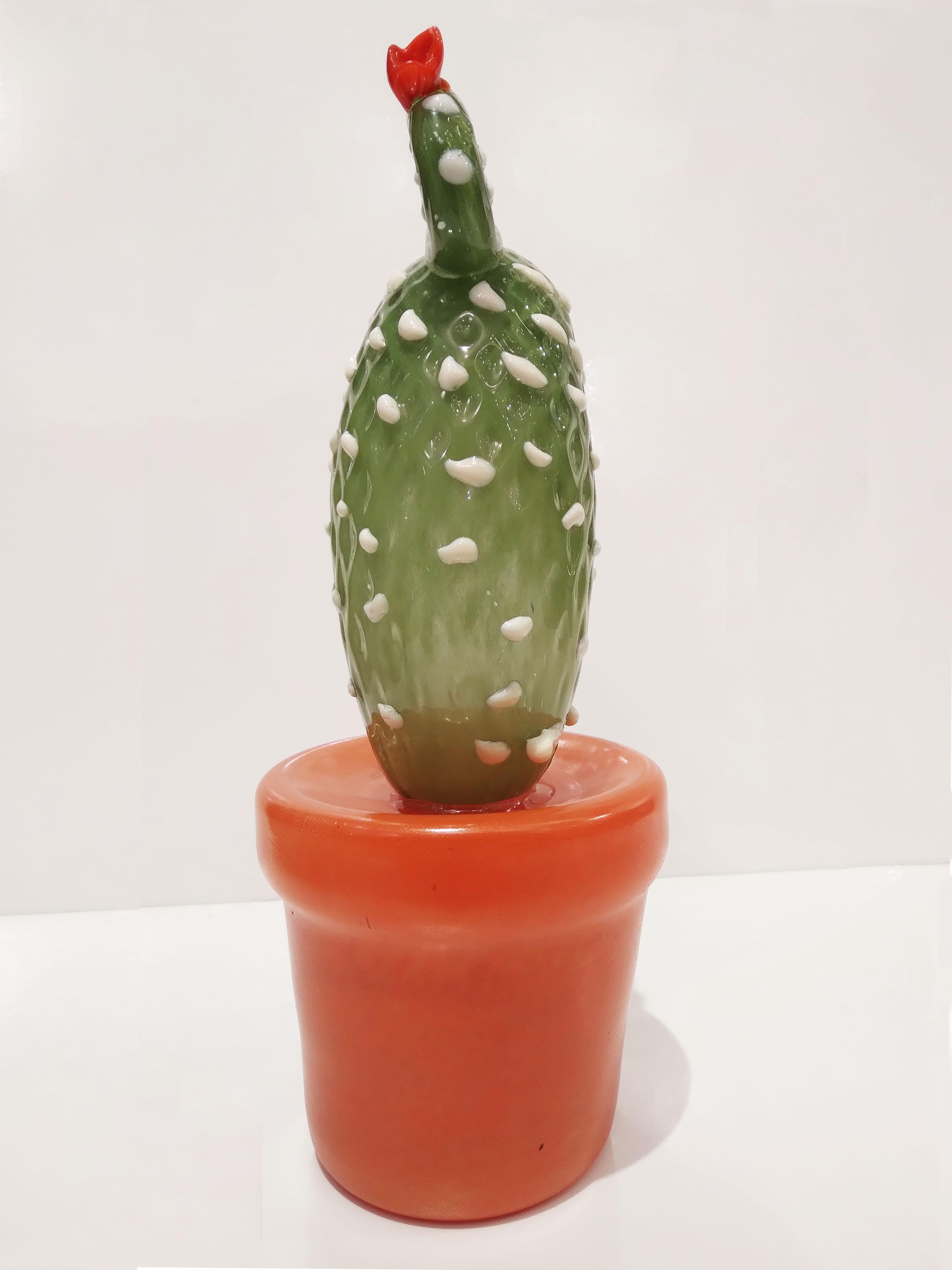 Modern Italian Green White Gold Orange Murano Glass Cactus Plant & Red Flowers  6