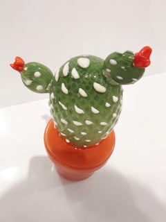 Modern Italian Green White Gold Orange Murano Glass Cactus Plant & Red Flowers