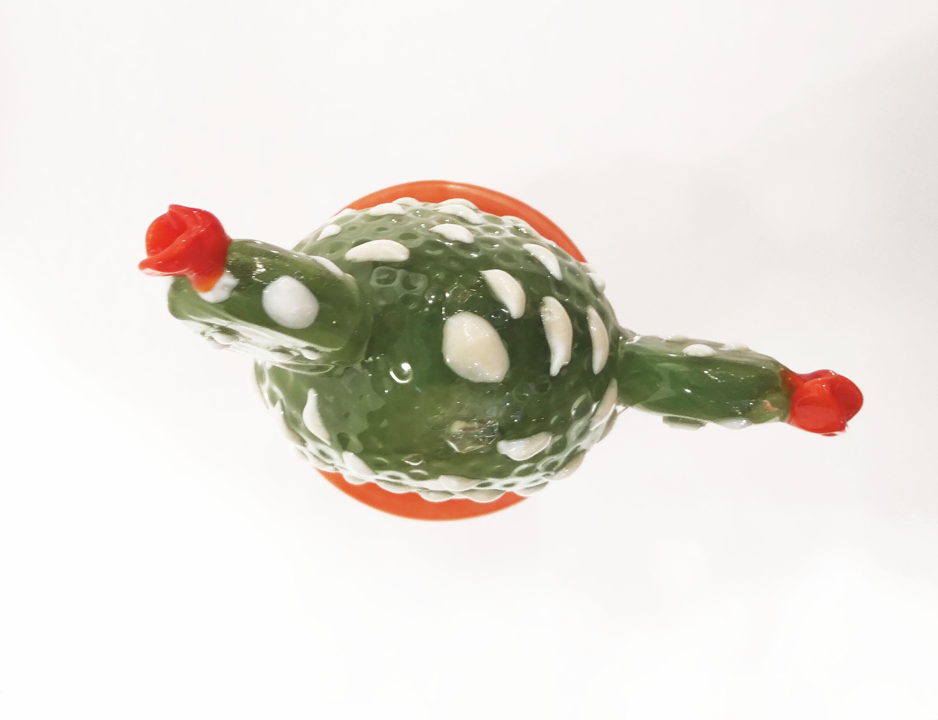 Hand-Crafted Modern Italian Green White Gold Orange Murano Glass Cactus Plant & Red Flowers For Sale