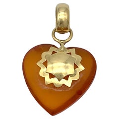 Modern Italian Heart Pendant Orange Coloured Amber 18 Karat Gold Star Flower