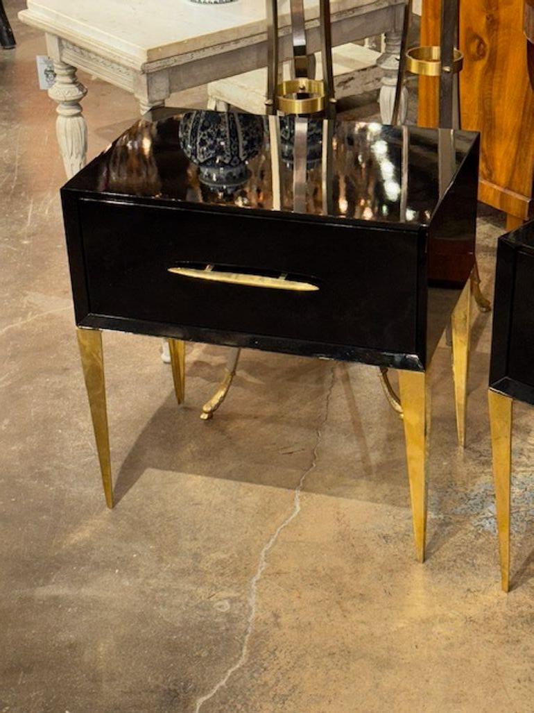 Modern Italian High Gloss Black Lacquered Side Tables with Brass Accents In Good Condition For Sale In Dallas, TX