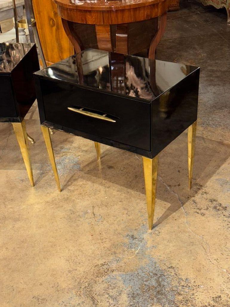 Contemporary Modern Italian High Gloss Black Lacquered Side Tables with Brass Accents For Sale