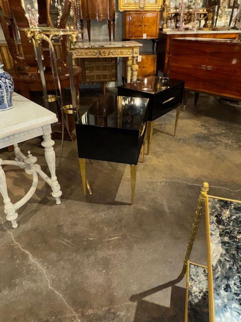 Modern Italian High Gloss Black Lacquered Side Tables with Brass Accents For Sale 3