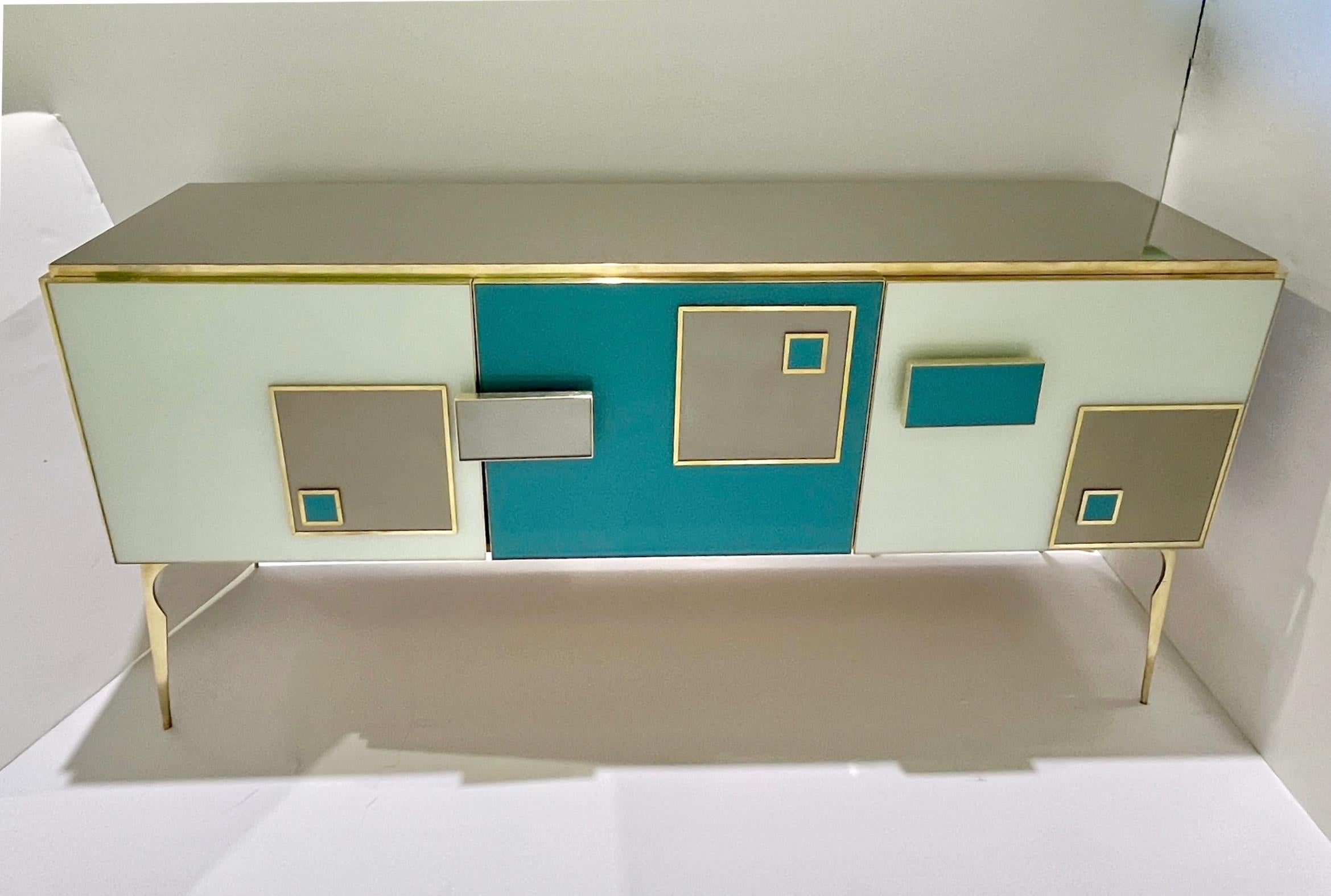 The Moderns Italian Ivory Gray Teal Blue Geometric Postmodern Brass Cabinet Sideboard en vente 2