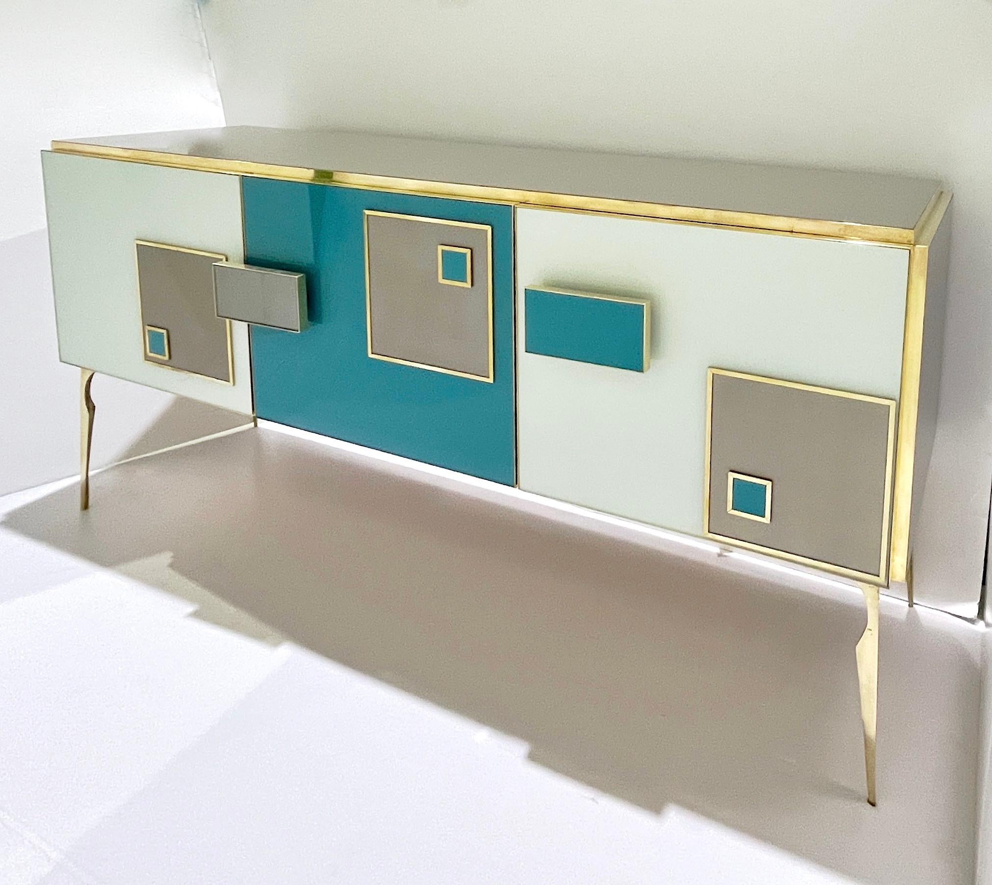 Modern Italian Ivory Gray Teal Blue Geometric Postmodern Brass Cabinet Sideboard For Sale 5