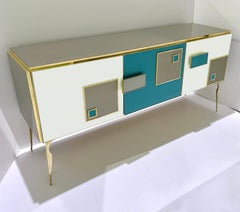 Modern Italian Ivory Gray Teal Blue Geometric Postmodern Brass Cabinet Sideboard