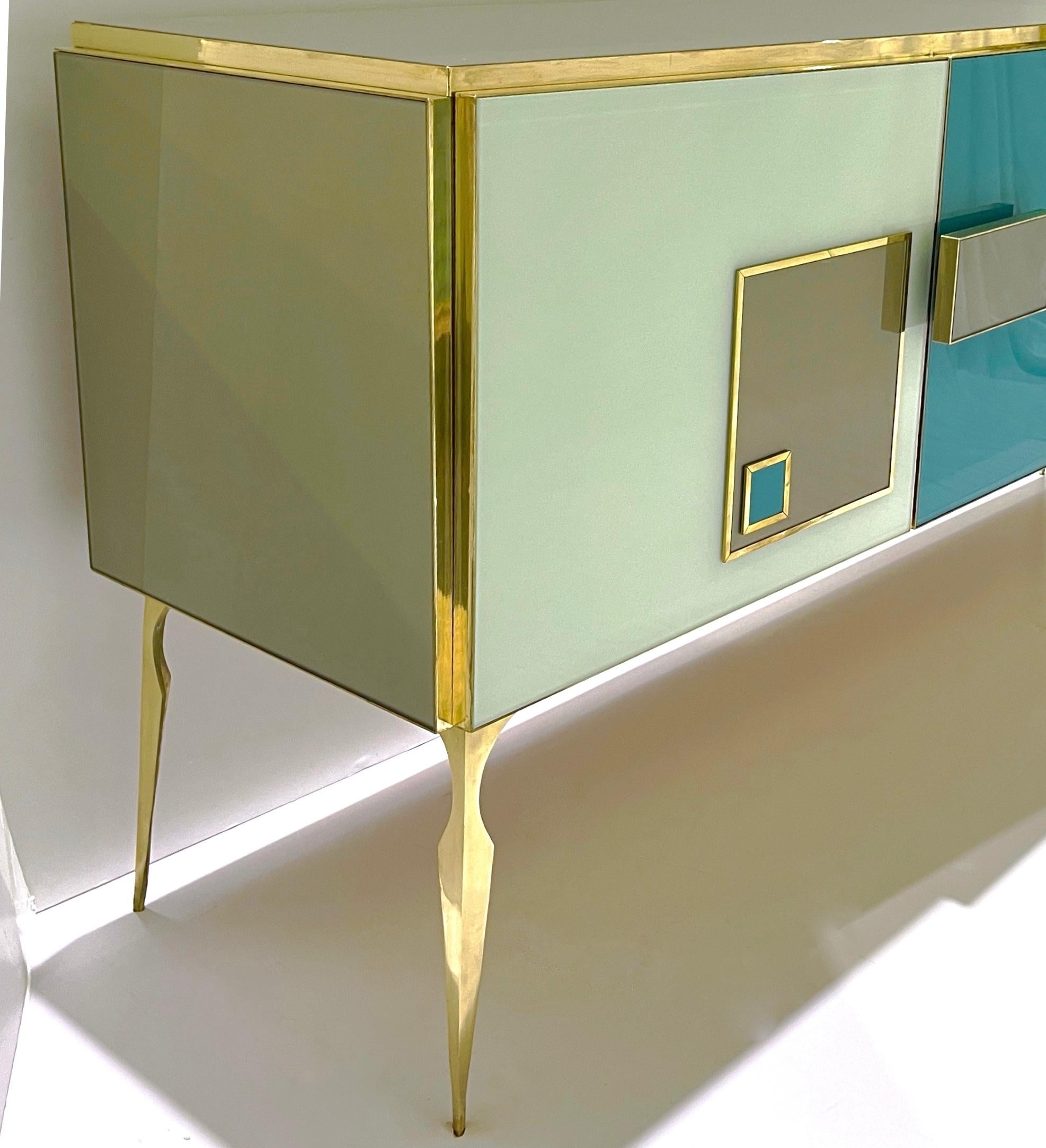 Hand-Crafted Modern Italian Ivory Gray Teal Blue Geometric Postmodern Brass Cabinet Sideboard For Sale