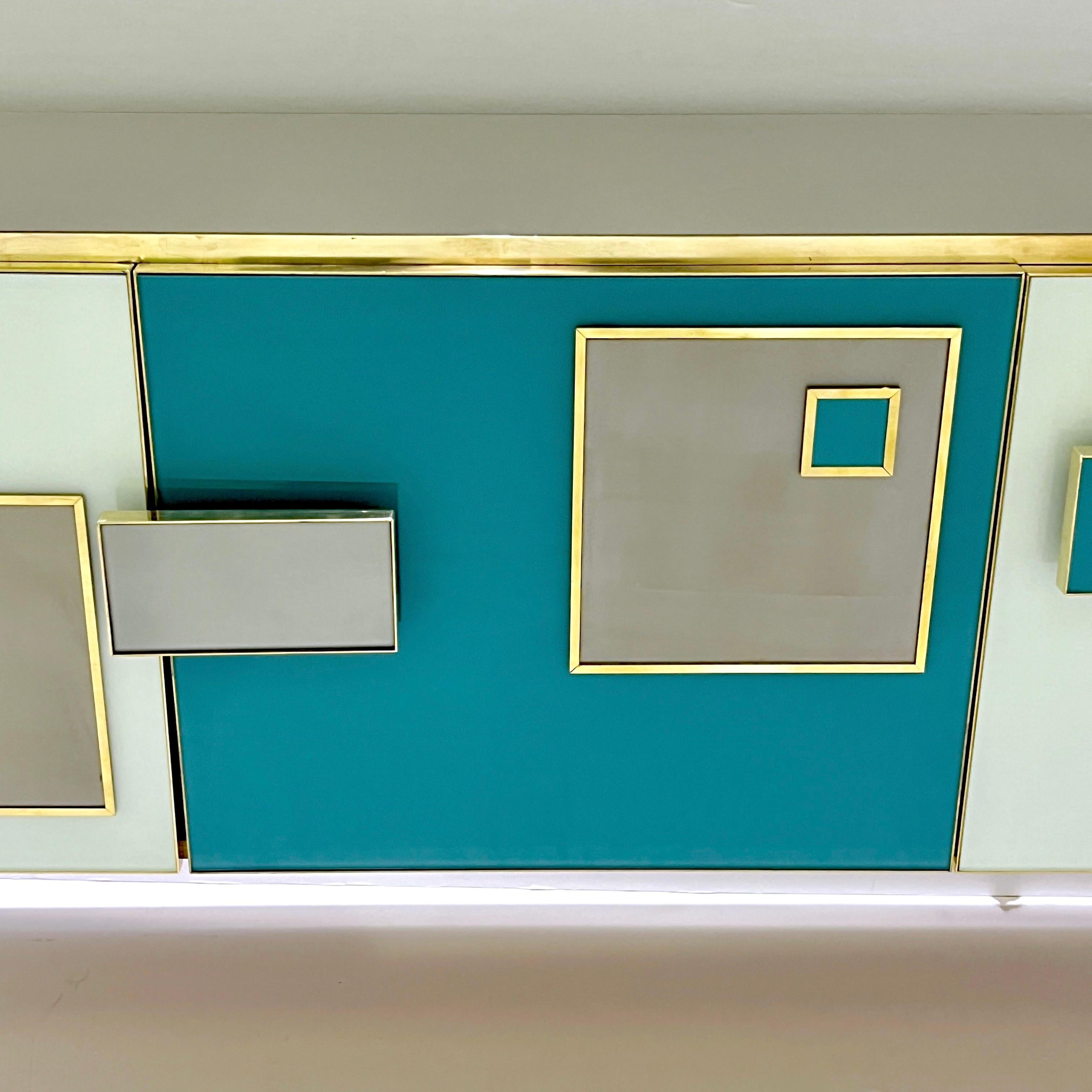 Fait main The Moderns Italian Ivory Gray Teal Blue Geometric Postmodern Brass Cabinet Sideboard en vente