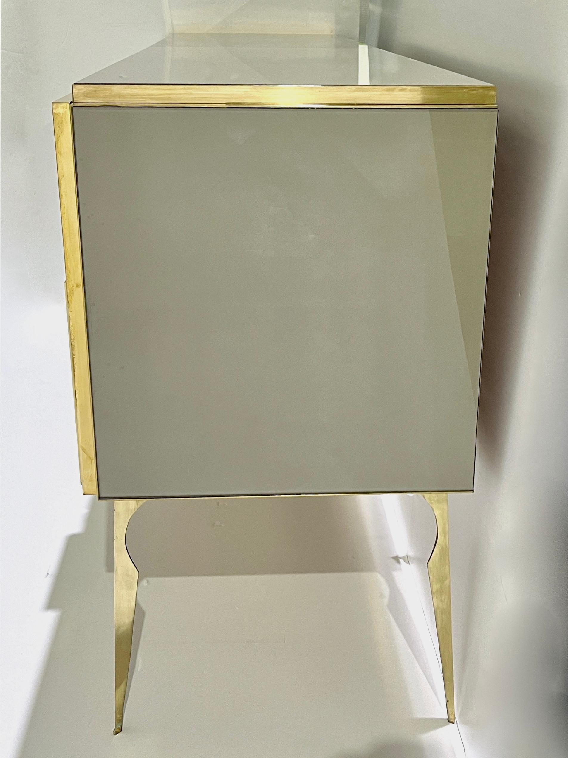 Modern Italian Ivory Gray Teal Blue Geometric Postmodern Brass Cabinet Sideboard For Sale 1