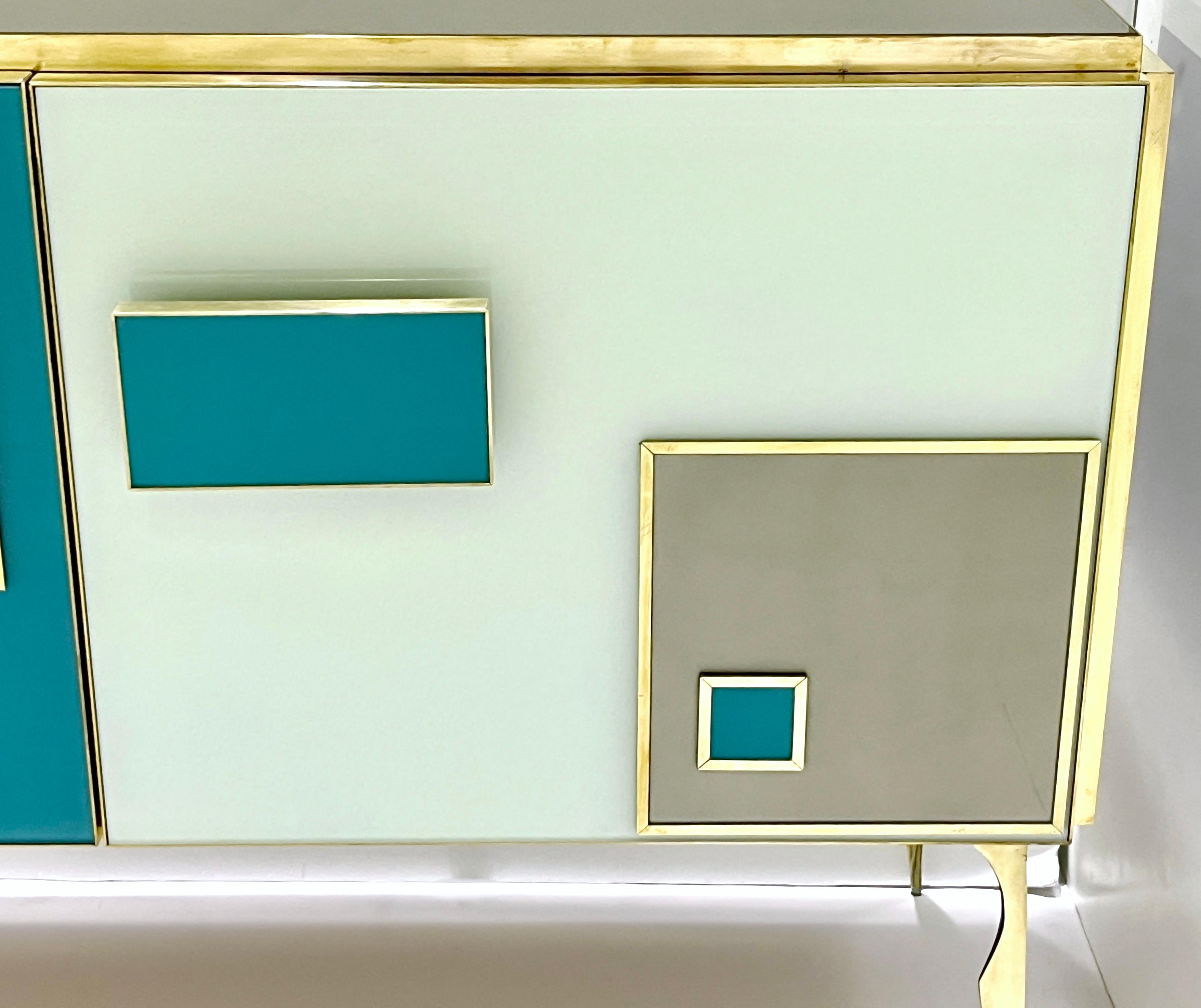 Modern Italian Ivory Gray Teal Blue Geometric Postmodern Brass Cabinet Sideboard For Sale 2