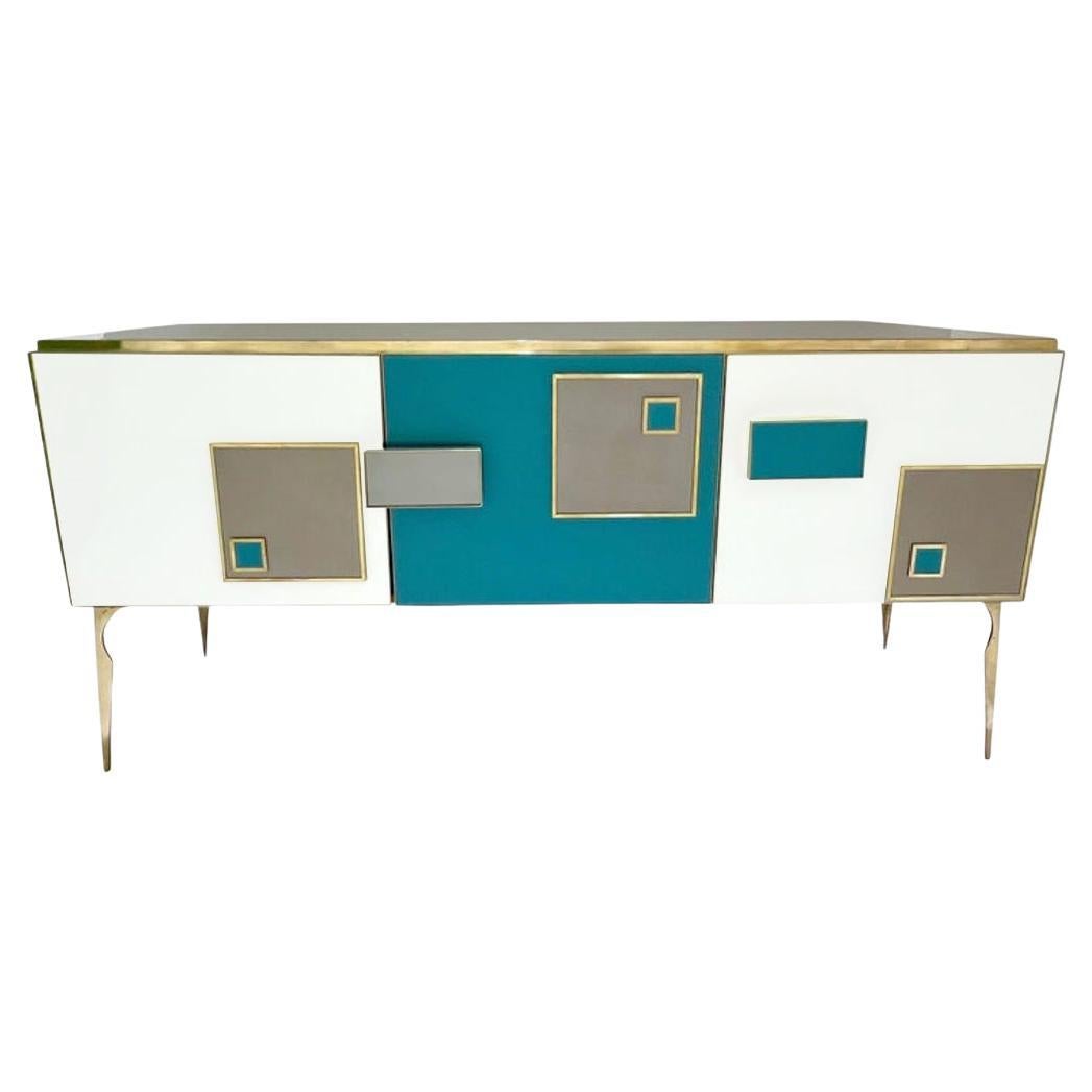 Modernes italienisches postmodernes modernes italienisches Sideboard aus Messing in Elfenbein, Grau, Teal und Blau im Angebot