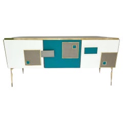 Modern Italian Ivory Gray Teal Blue Geometric Postmodern Brass Cabinet Sideboard