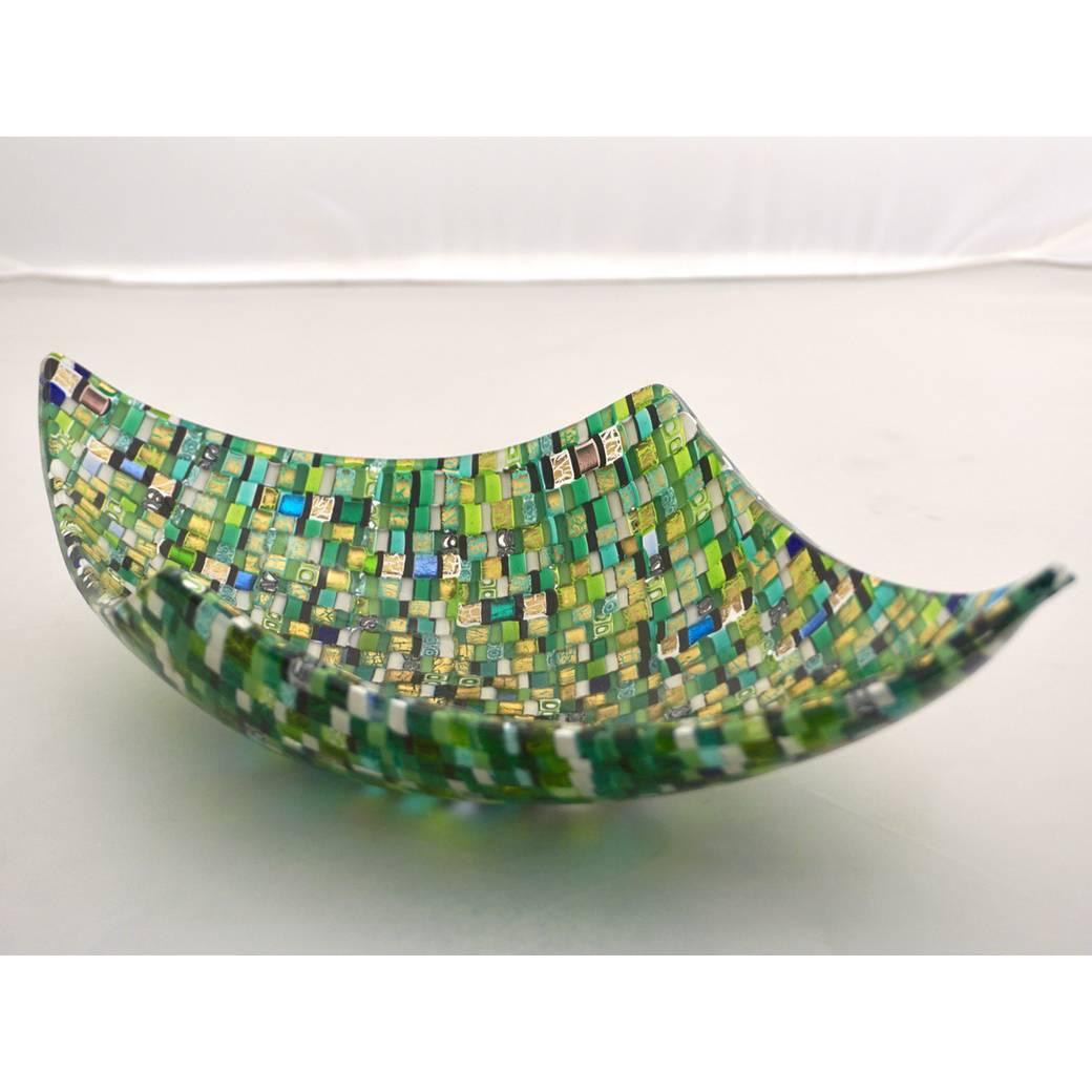 Organic Modern Modern Italian Jewel-Like Green Yellow & 24kt Gold Murano Art Glass Mosaic Bowl For Sale