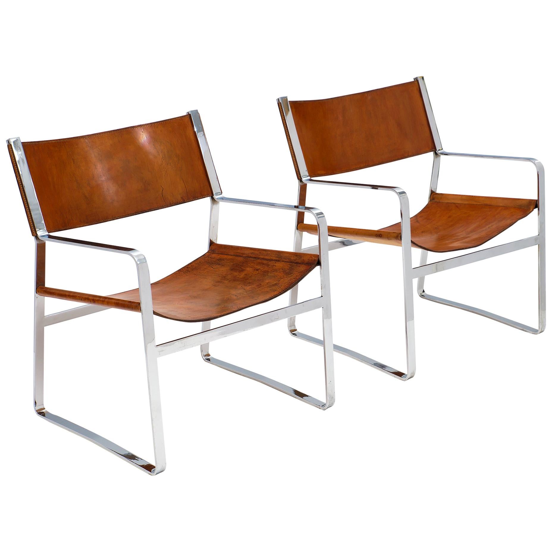 Modern Italian Leather and Chrome Armchairs