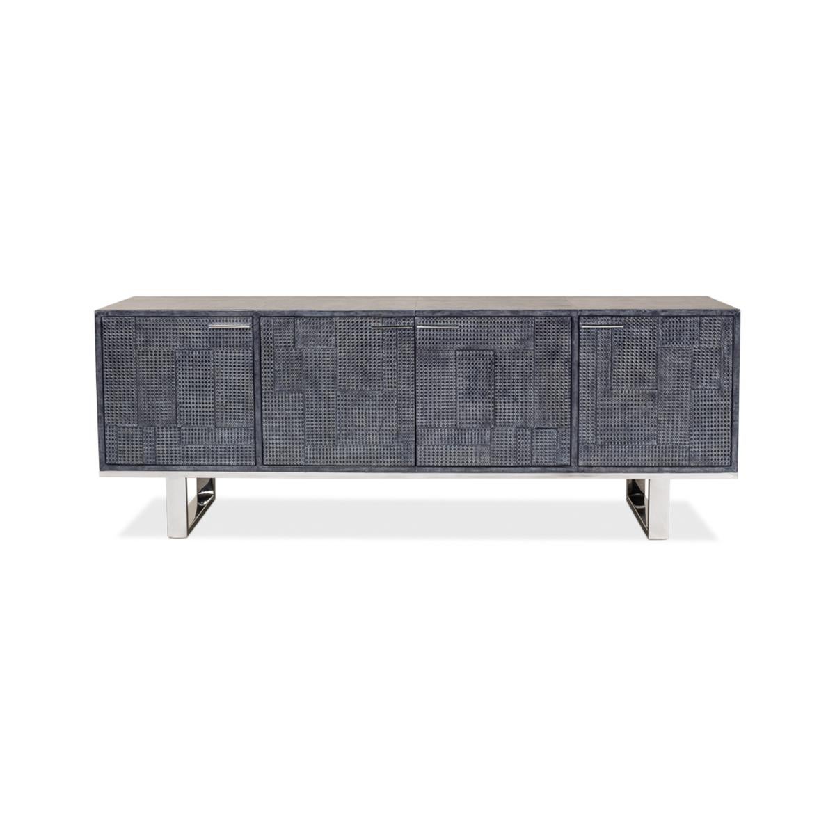 Modern Italian leather wrapped credenza, with an embossed grey/blue leather wrapped around the four-door cabinet with a natural wood finish interior and raised on stainless steel finish iron base.

Dimensions: 94