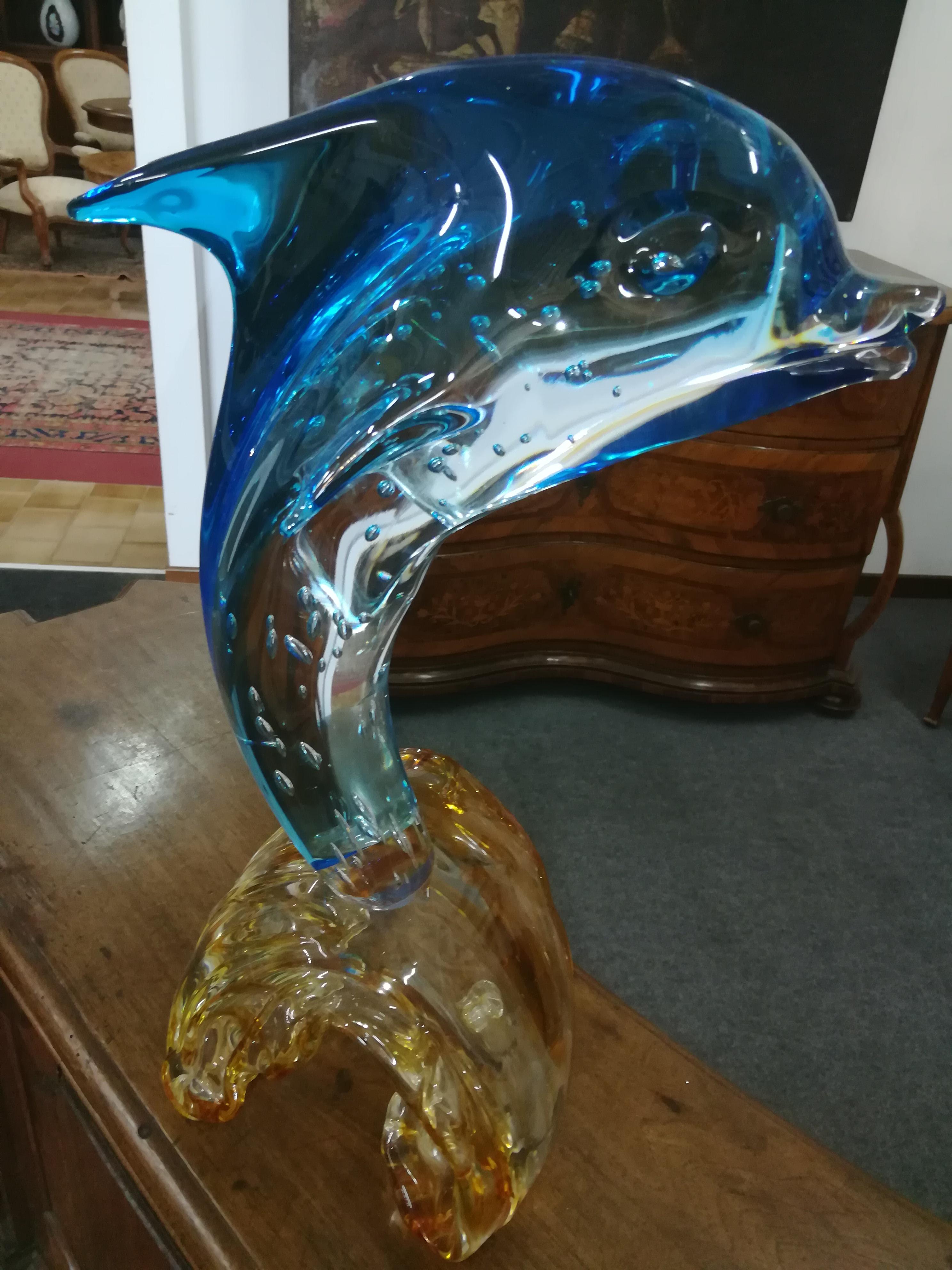 Contemporary Modern Italian Light Blue Blown Glass Dolphin Sculpture For Sale