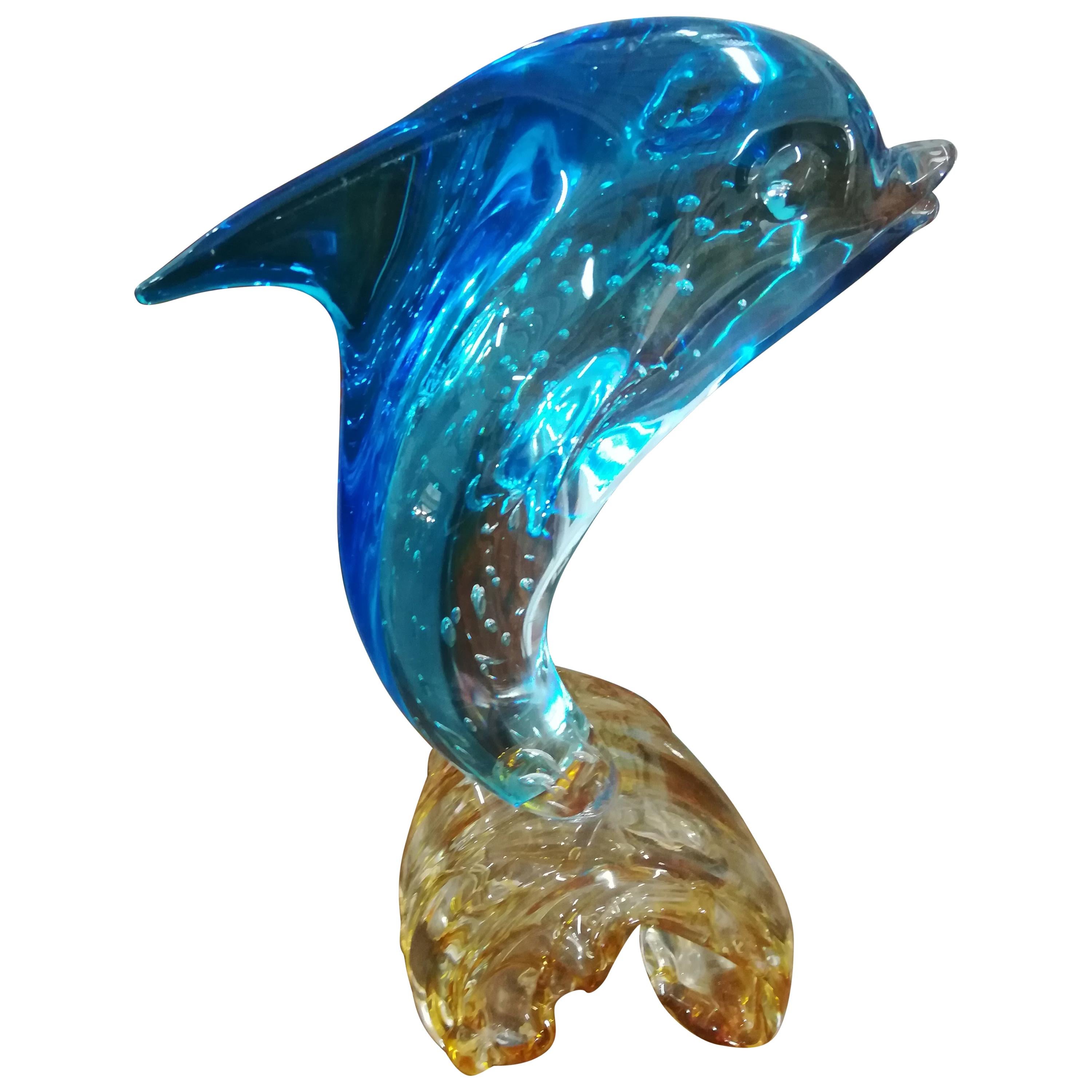 Modern Italian Light Blue Blown Glass Dolphin Sculpture For Sale