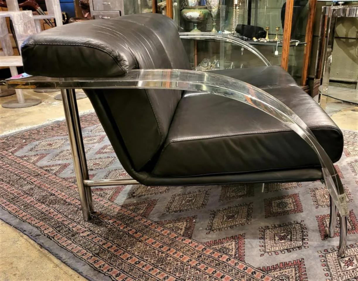 Modern Italian Lucite, Chrome and Leather Sofa by Dover In Good Condition In Pasadena, CA