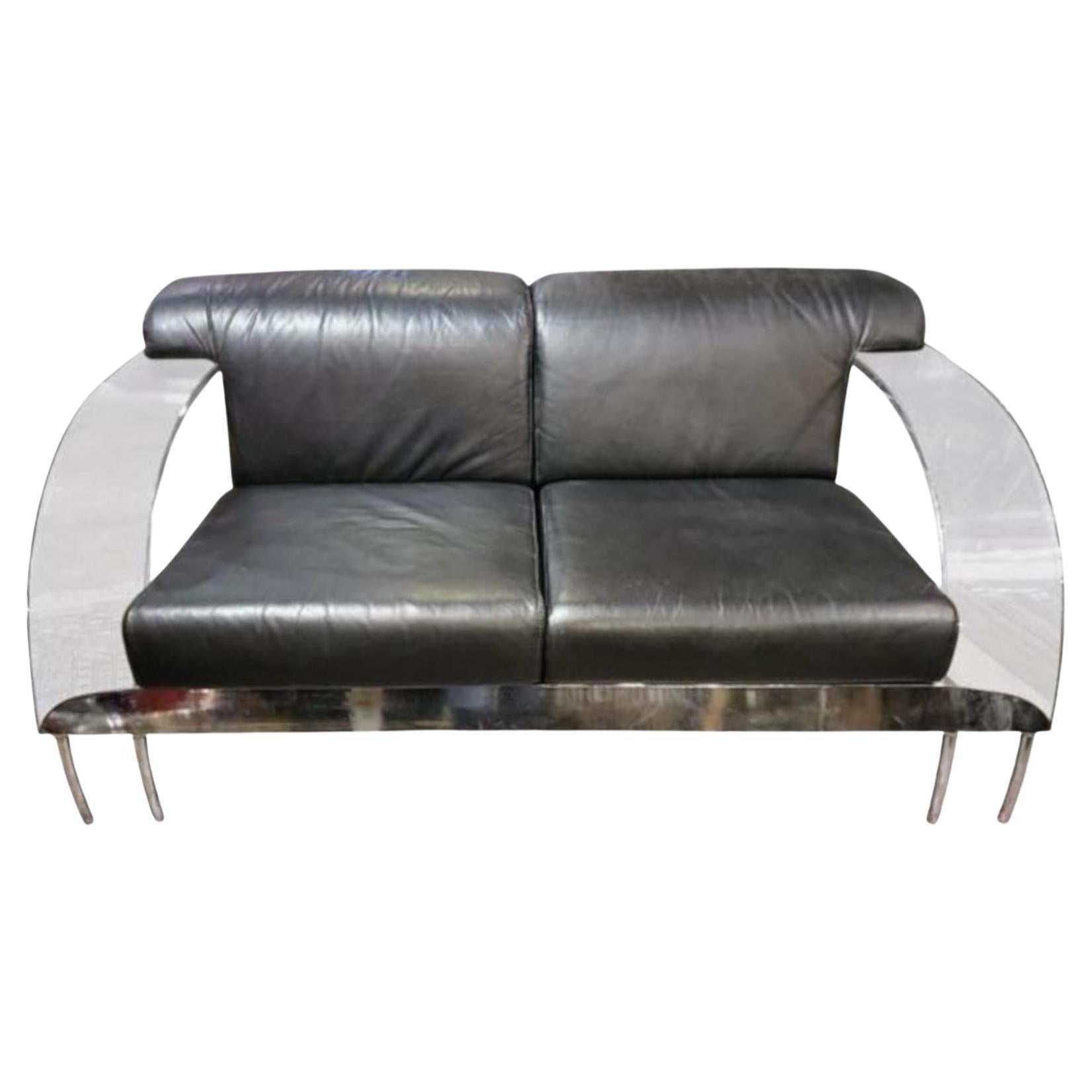 Modern Italian Lucite, Chrome and Leather Sofa by Dover