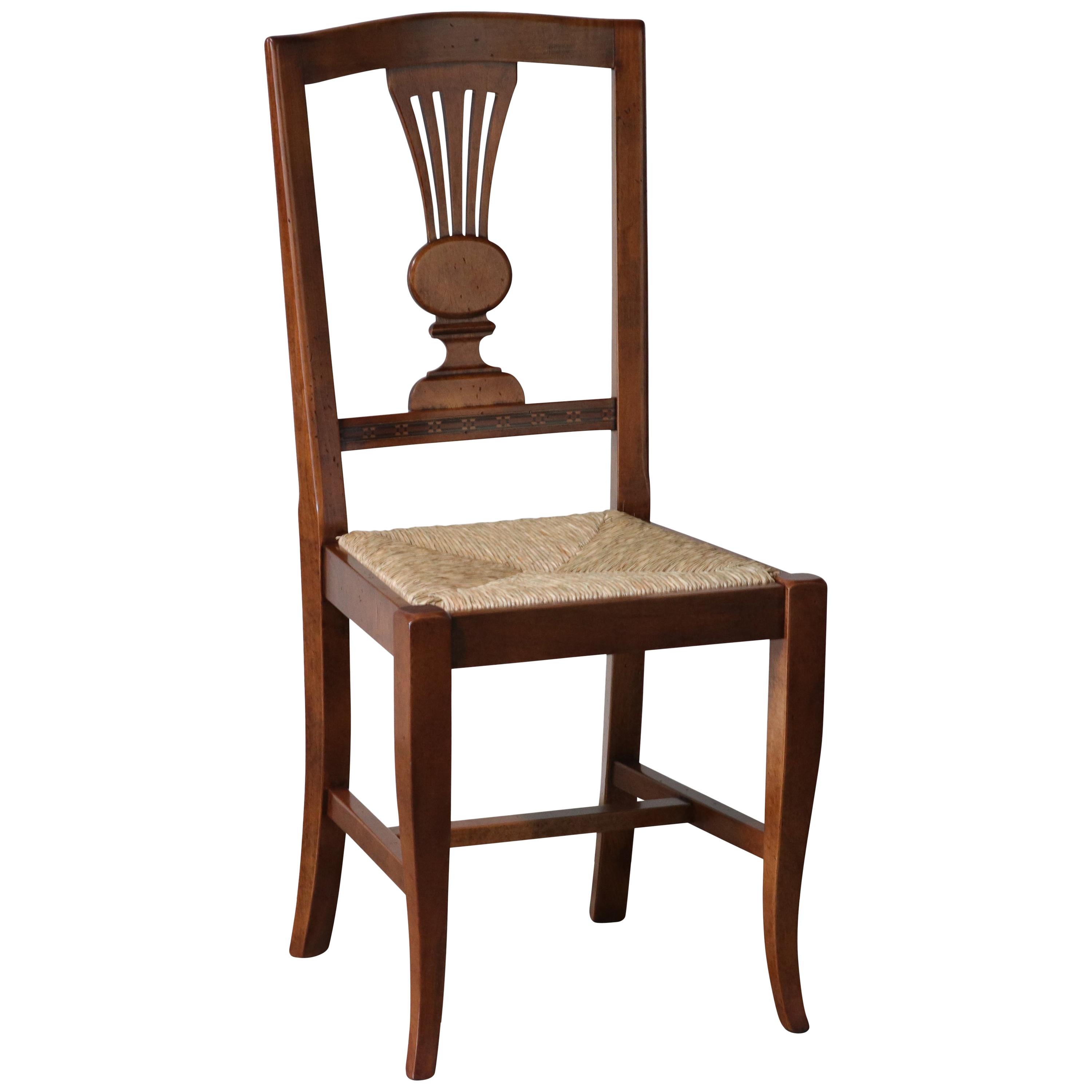 Modern Italian Lyre Back Walnut, Rush Seating Dining Chairs, Eight Available For Sale