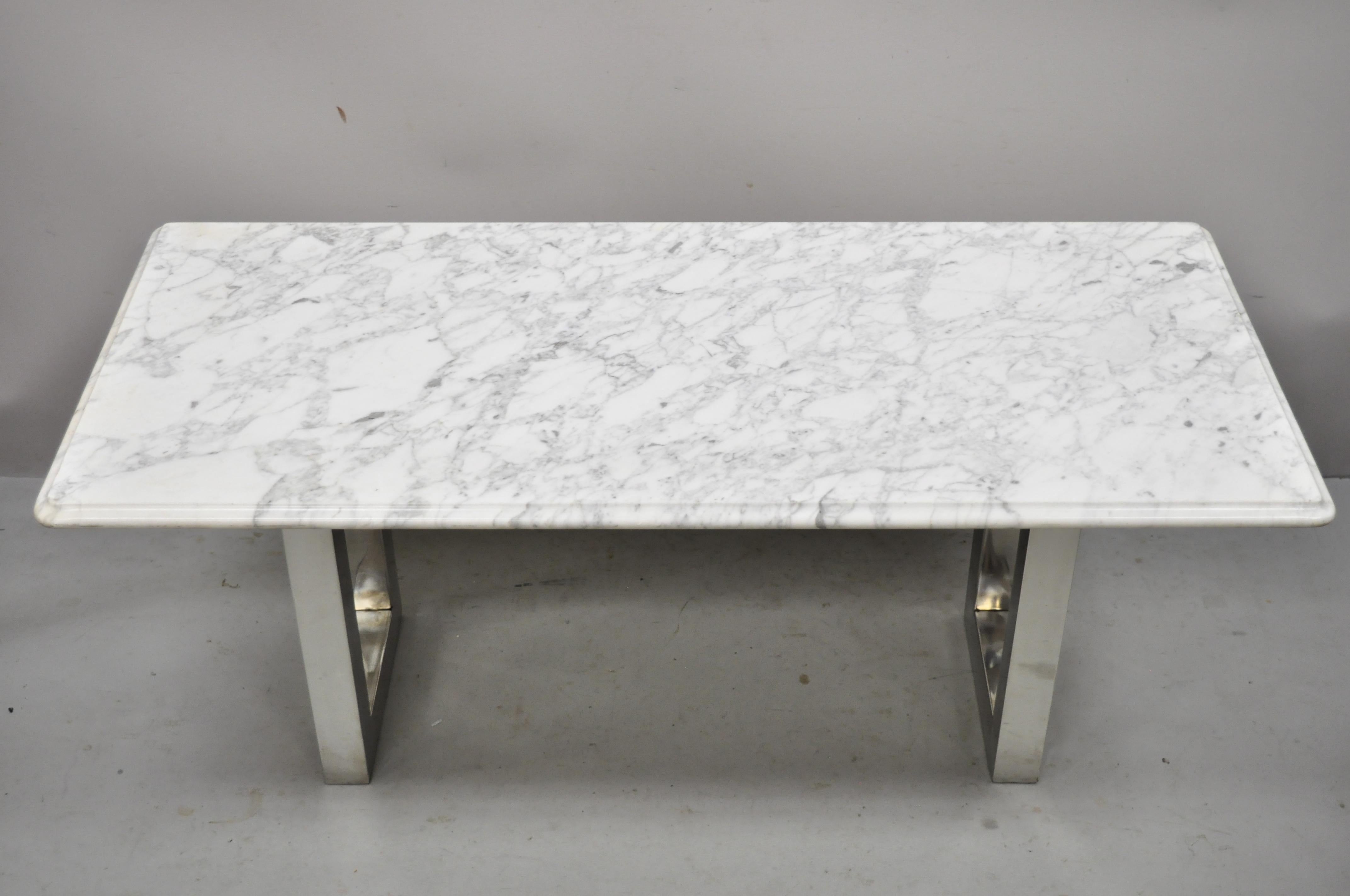 Mid-Century Modern Modern Italian Marble Chrome Double Pedestal Base Rectangular Coffee Table For Sale