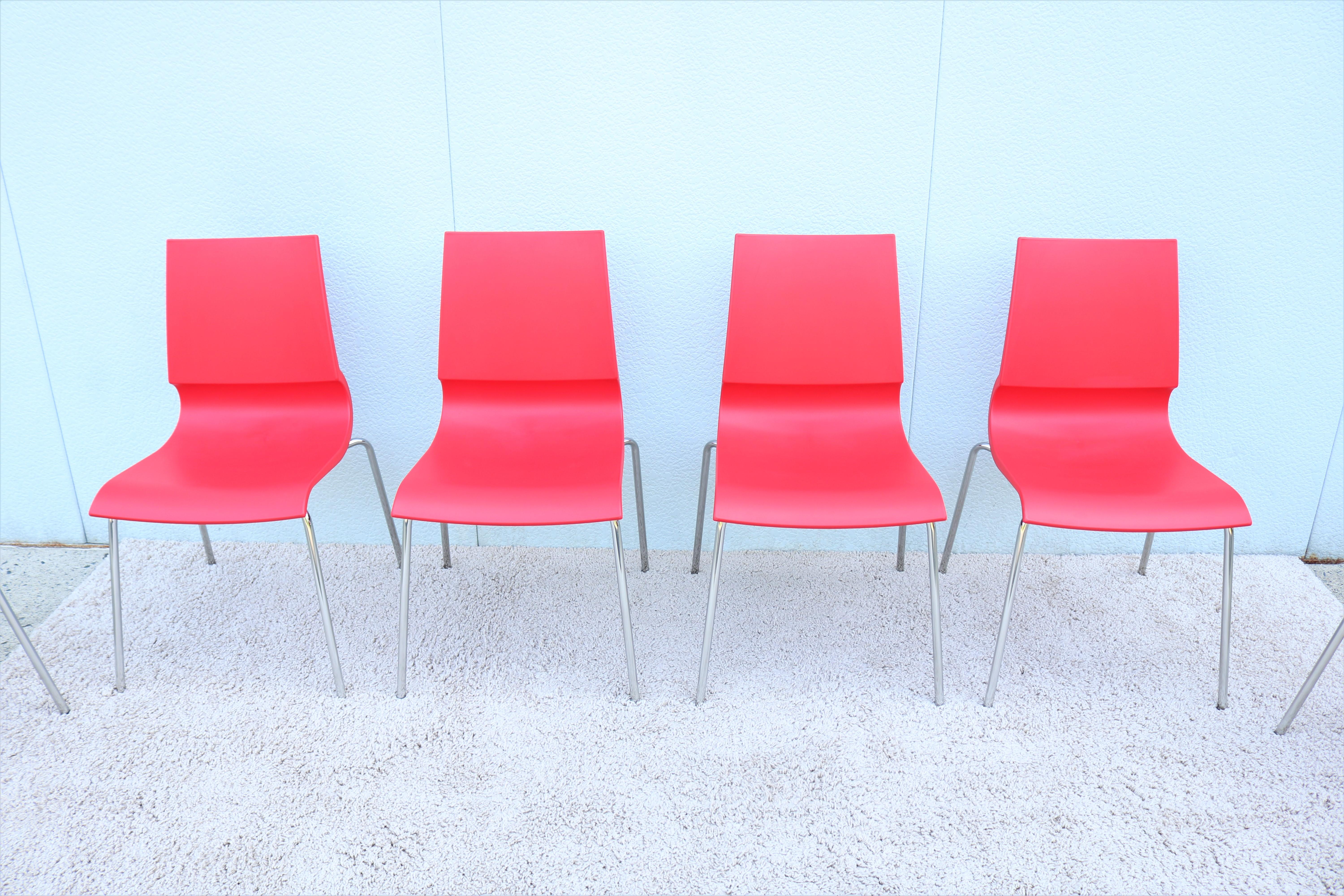 XXIe siècle et contemporain Marco Maran lot de 8 chaises de salle à manger italiennes modernes rouges Ricciolina pour Maxdesign en vente