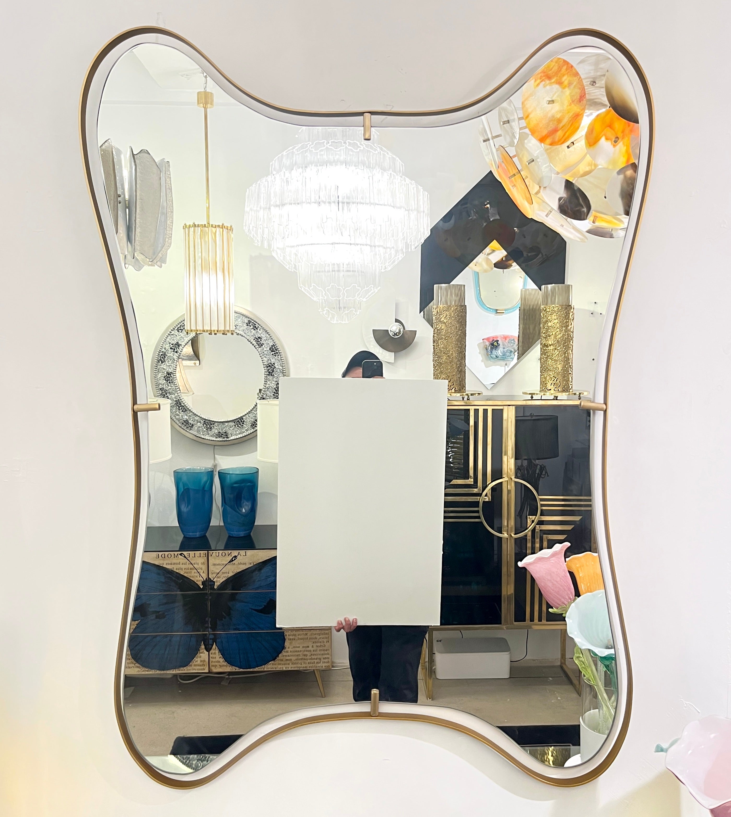 Modern Italian Minimalist Brass Mirror with Organic Asymmetric Curved Frame For Sale