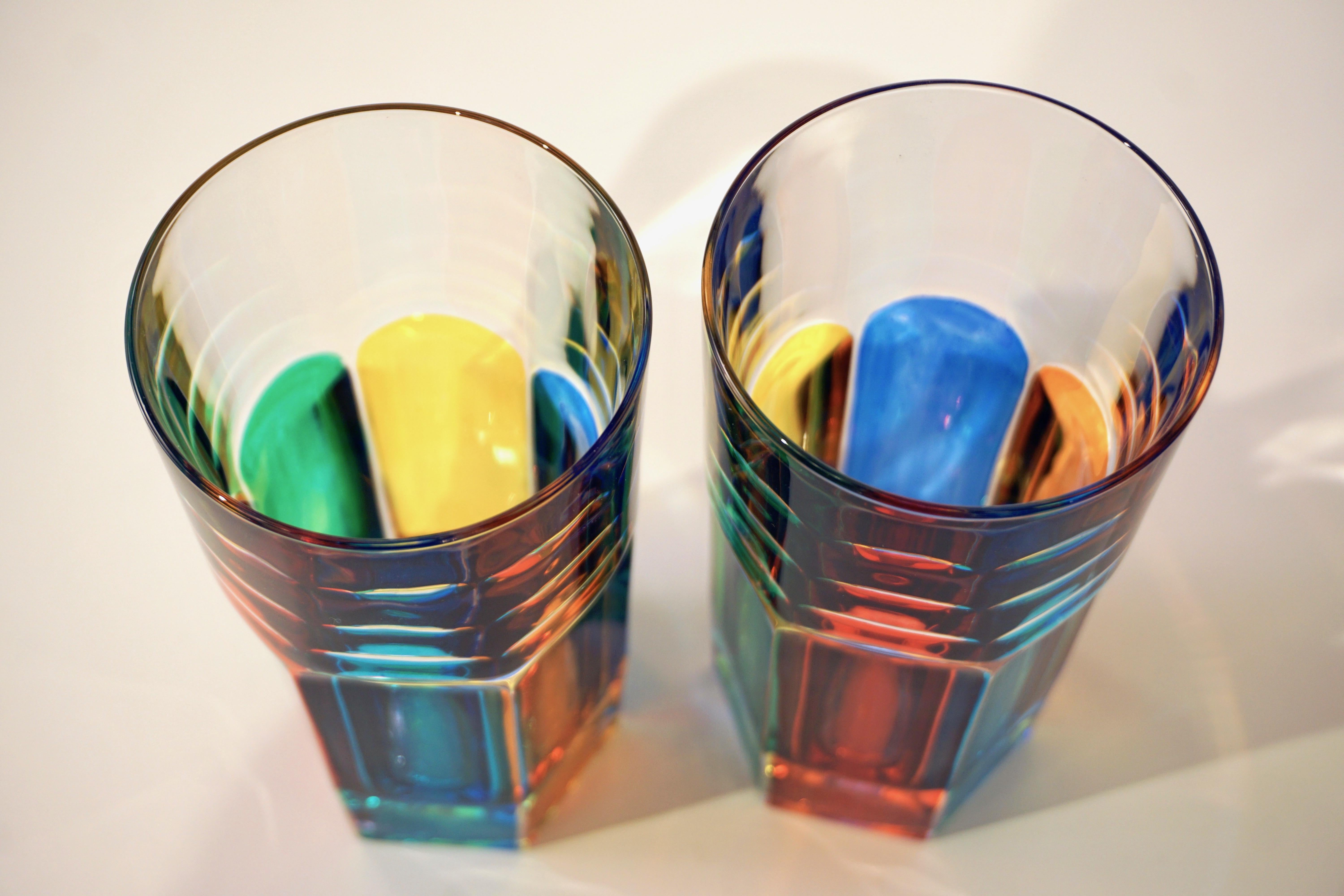 Hand-Crafted Modern Italian Multicolor Blown Murano Glass Pair of Drinking Tumblers Cups