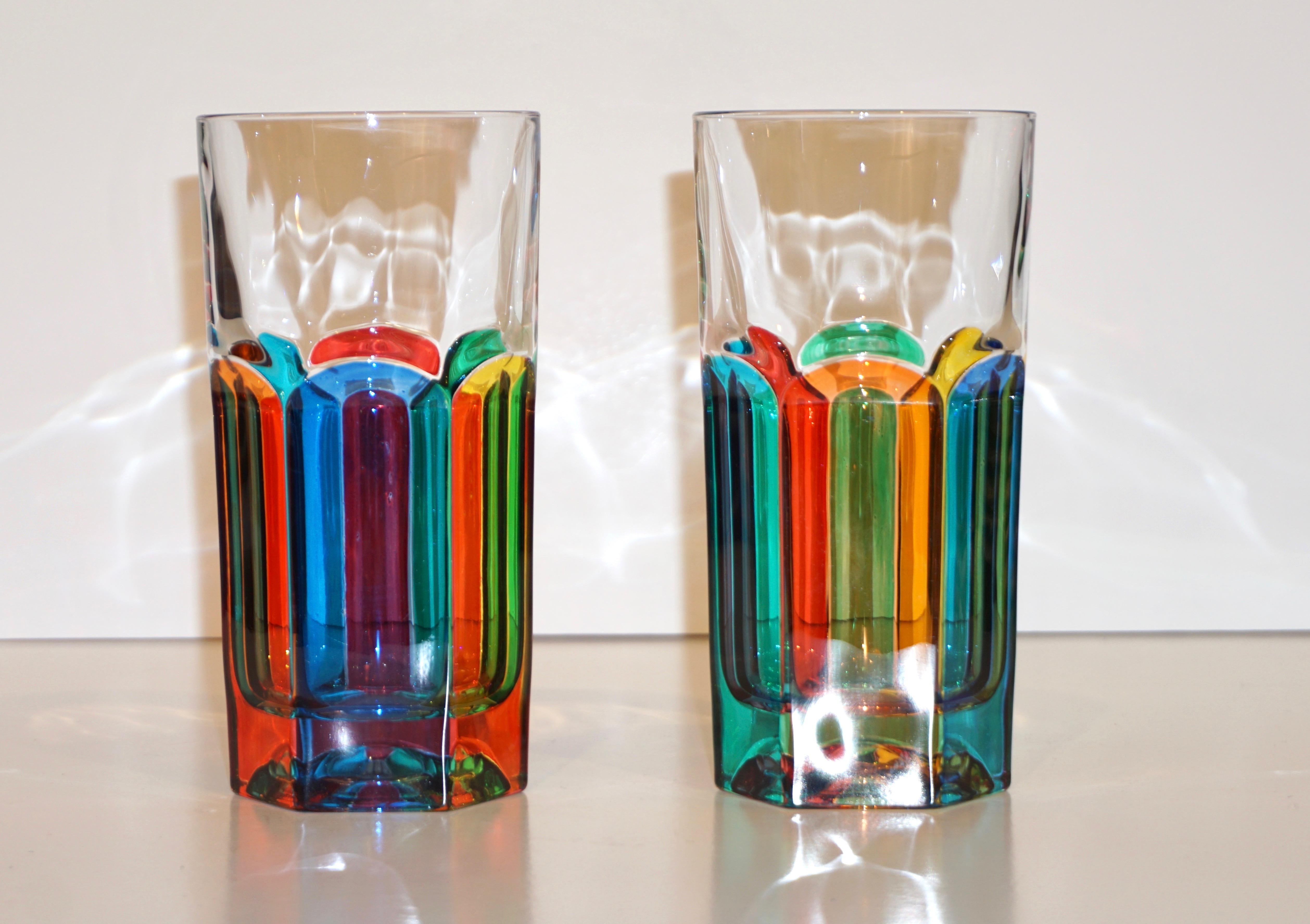 Modern Italian Multicolor Blown Murano Glass Pair of Drinking Tumblers Cups 1