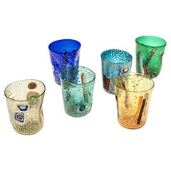 Used Modern Italian Multicolor Blown Murano Glass Set of 6 Drinking Tumblers Cups