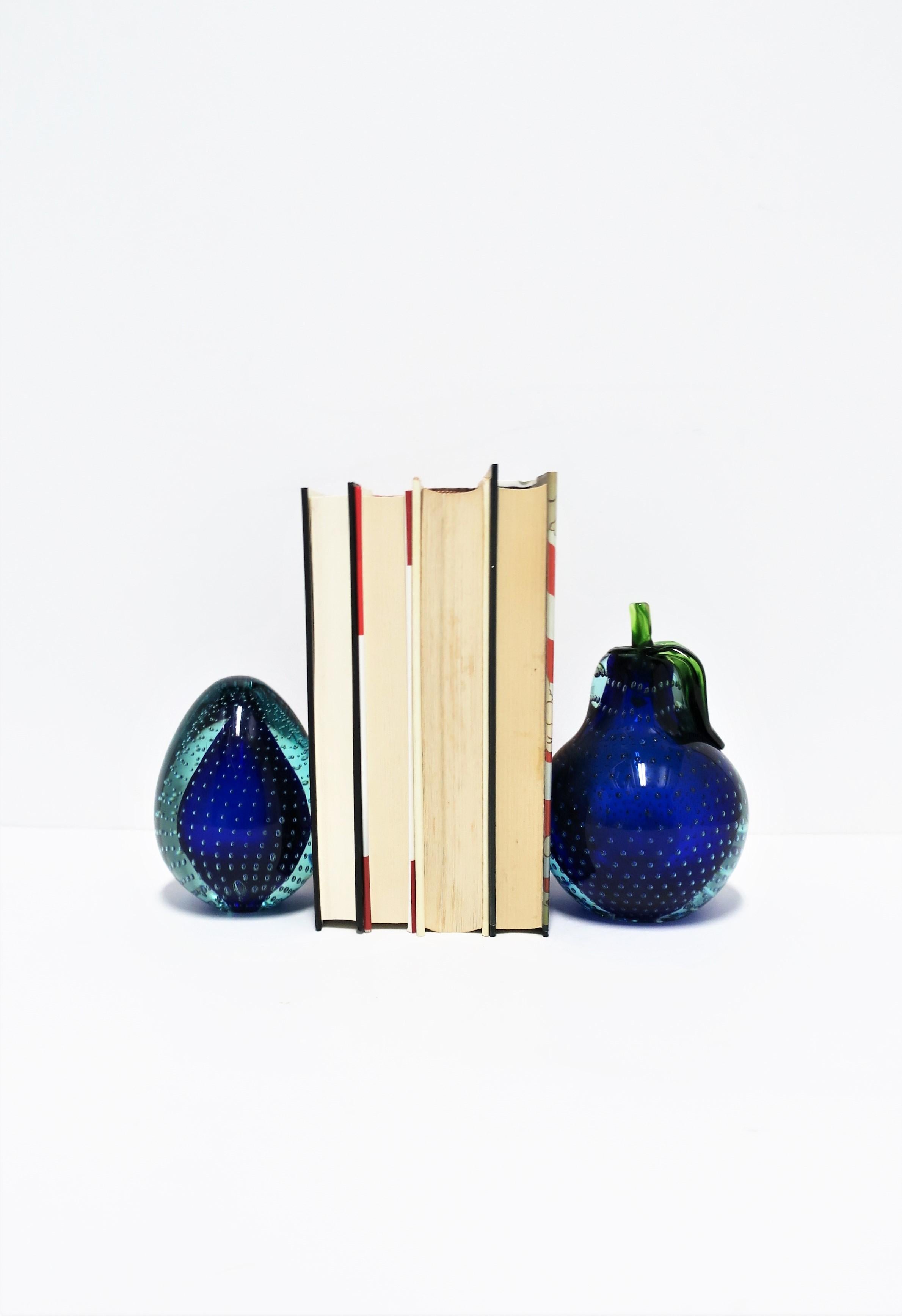 Modern Italian Murano Blue Art Glass Pear Fruit Decorative Objects or Bookends For Sale