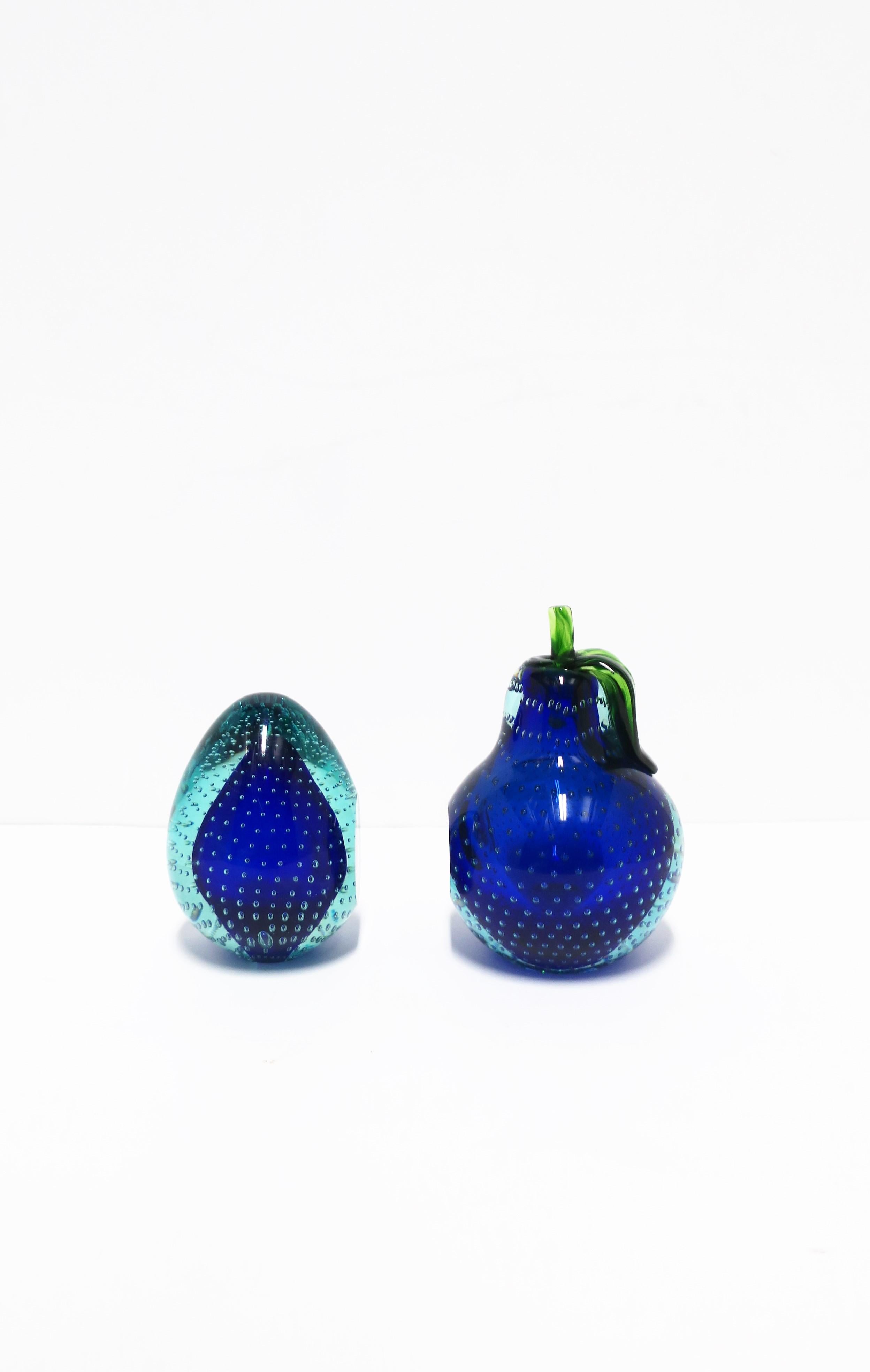 Italian Murano Blue Art Glass Pear Fruit Decorative Objects or Bookends In Good Condition For Sale In New York, NY
