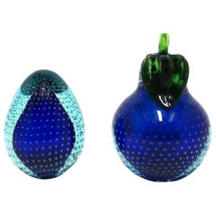 Modern Italian Murano Blue Art Glass Pear Fruit Bookends, Pair