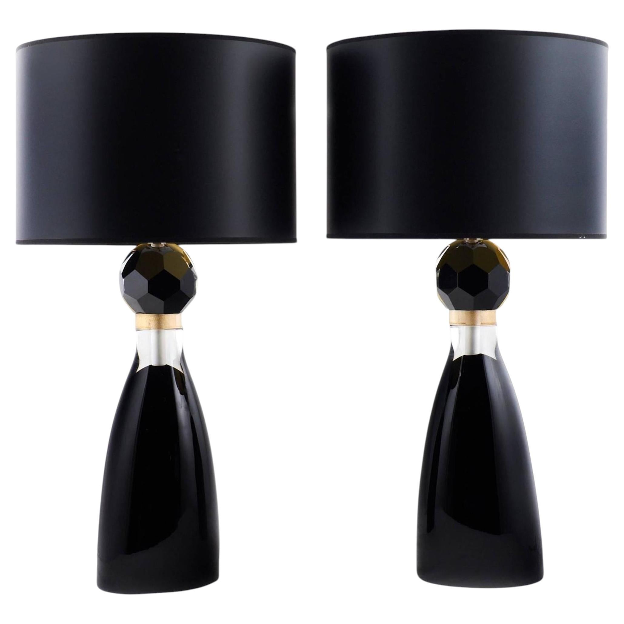 Modern Italian Murano Glass Table Lamps in Black with Gold Flecks