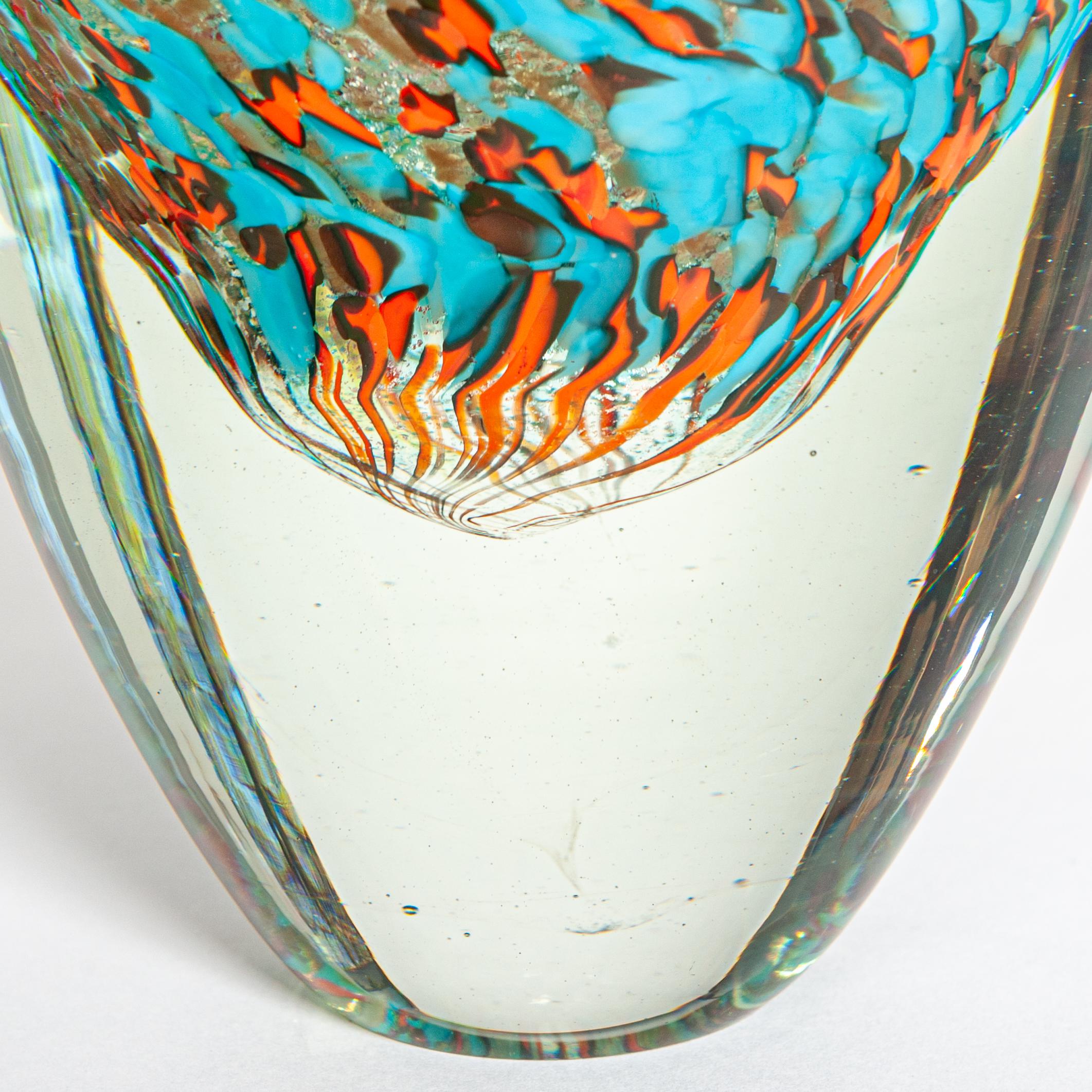 Hand-Crafted Modern Italian Murano Glass Vase Turquois, Orange Colored by Alex Signoretti