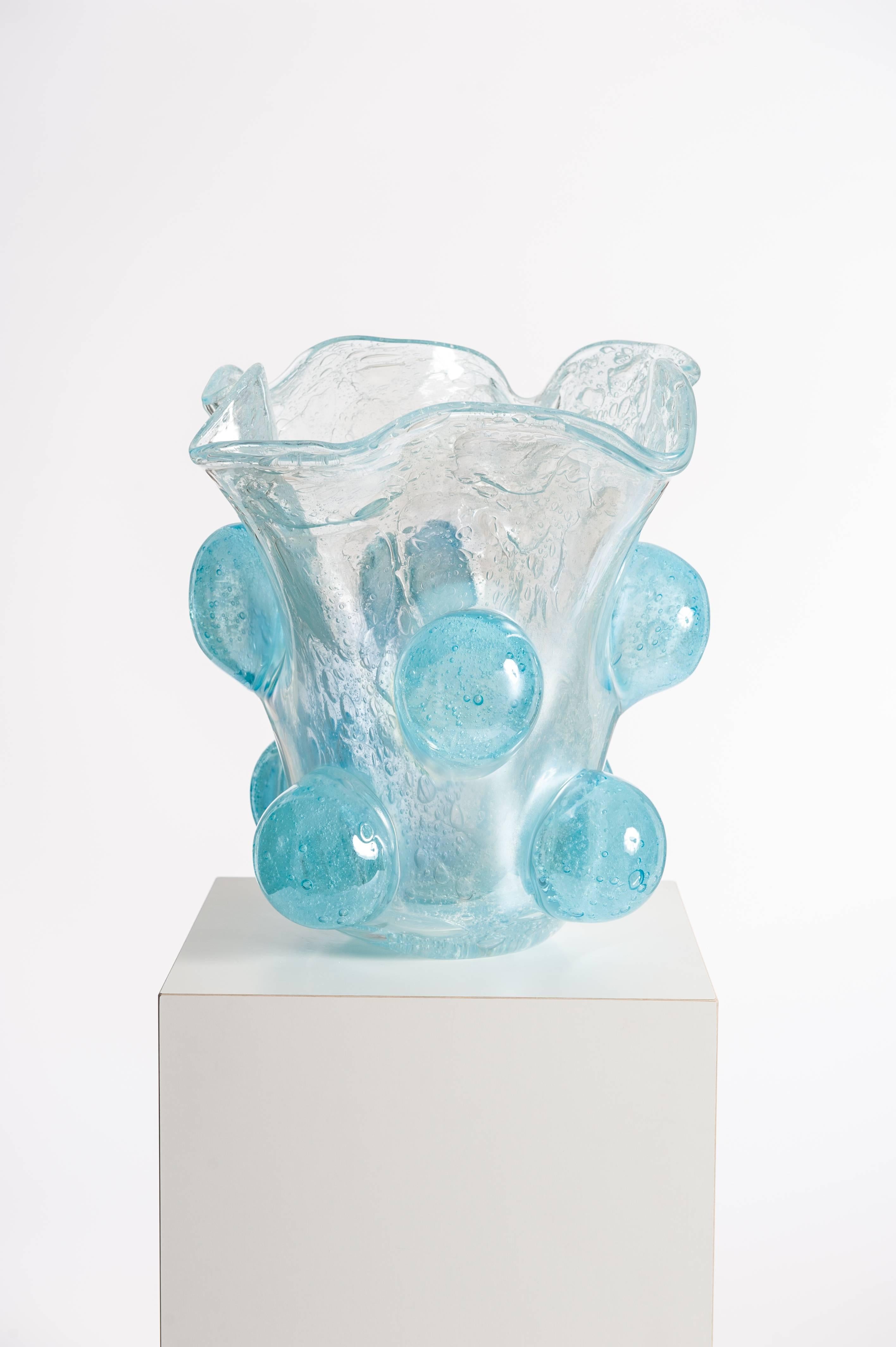 Hand-Crafted Modern Italian Murano Glass Vase Turquoise Colored with Surreal Impressional