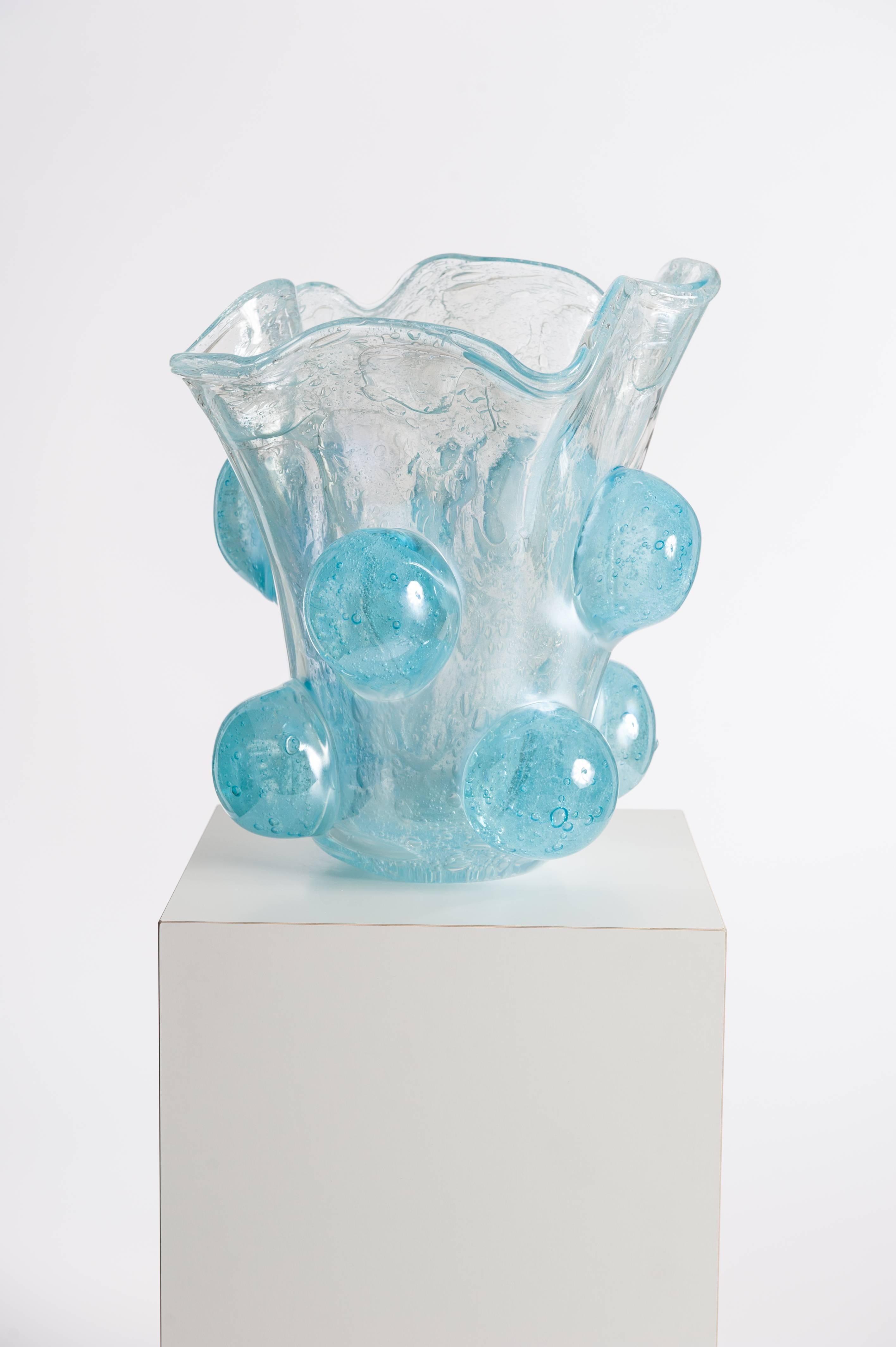 Modern Italian Murano Glass Vase Turquoise Colored with Surreal Impressional In Good Condition In Salzburg, AT