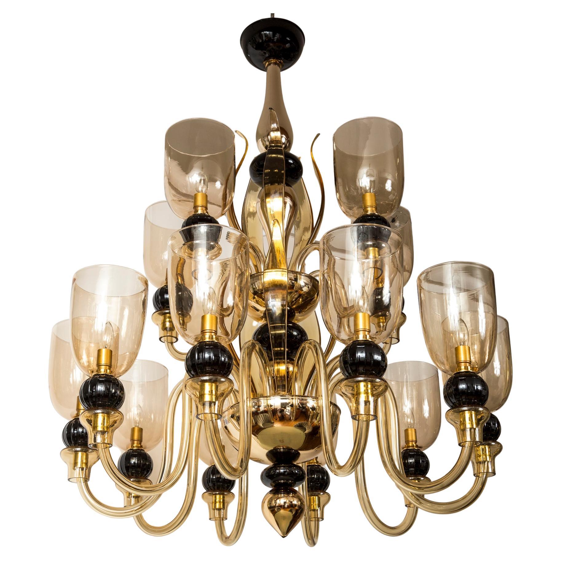 Modern Italian Murano Two-Tier Fifteen Arm Uplight Chandelier by Seguso