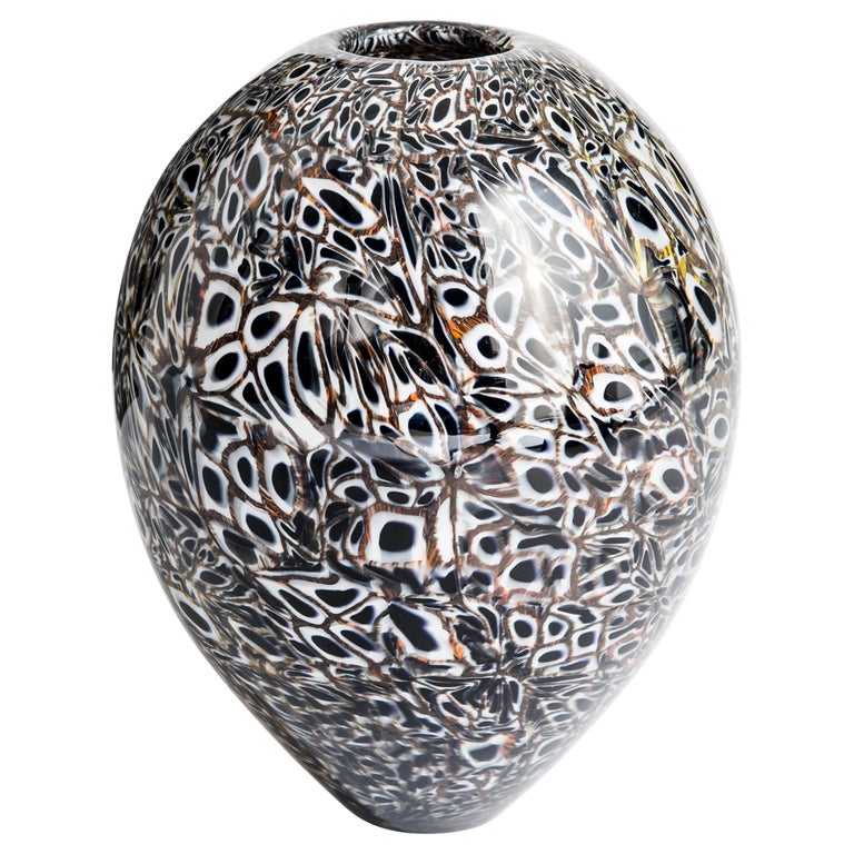 Modern Italian Murrine Murano Glass Vase in BlackWhiteBronze by Paolo