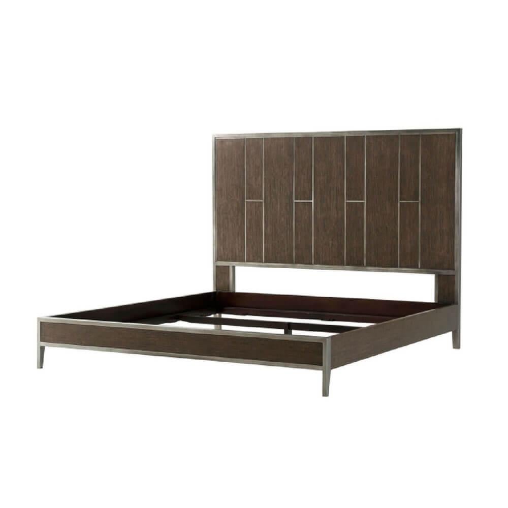 A modern Italian brushed quartered oak and tungsten metal inlay and framed headboard and footboard frame.

Dimensions: 80.5