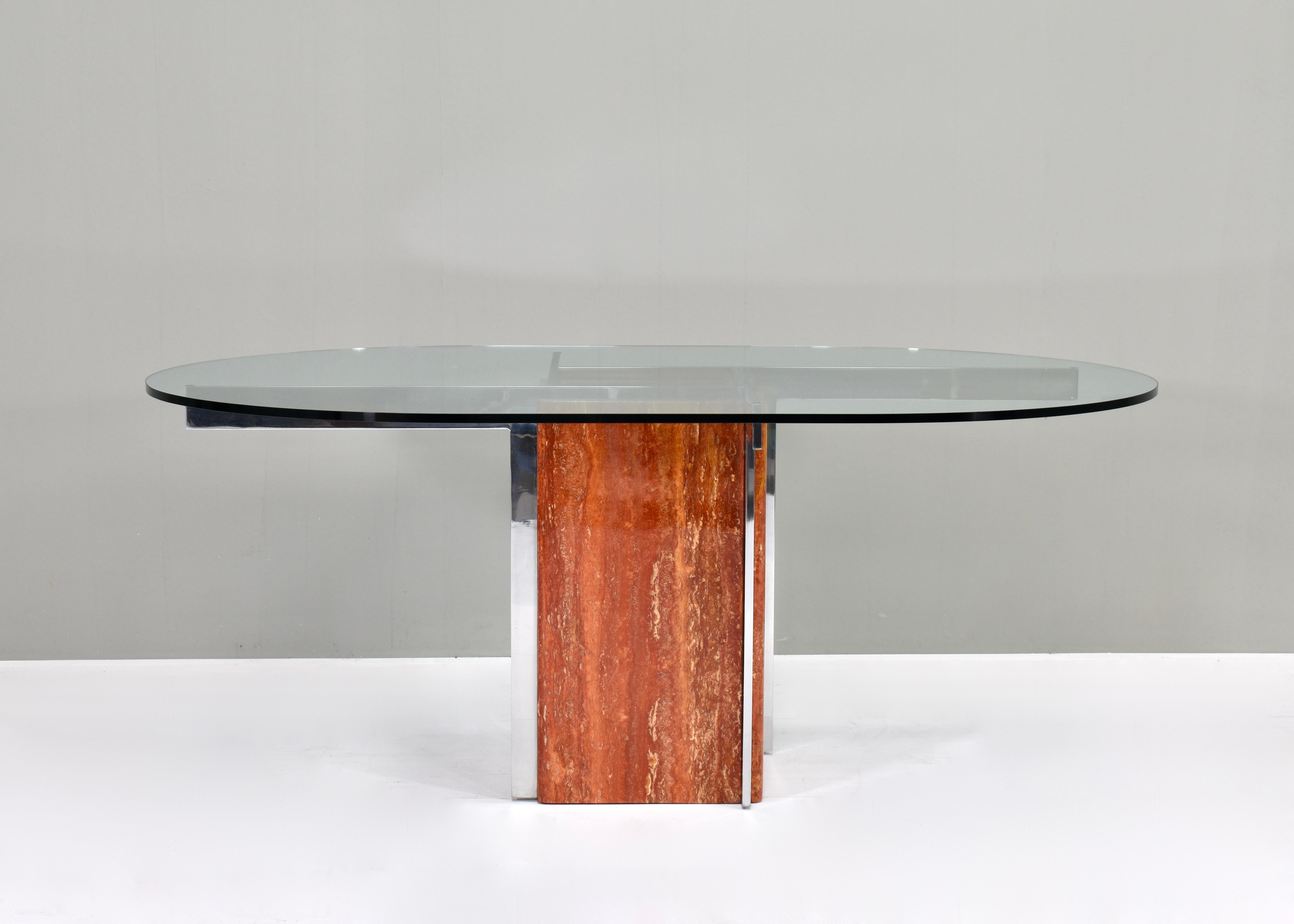 Mid-Century Modern Modern Italian Oval Dining Table in Marble, Chrome and Glass, Italy, circa 1970 For Sale