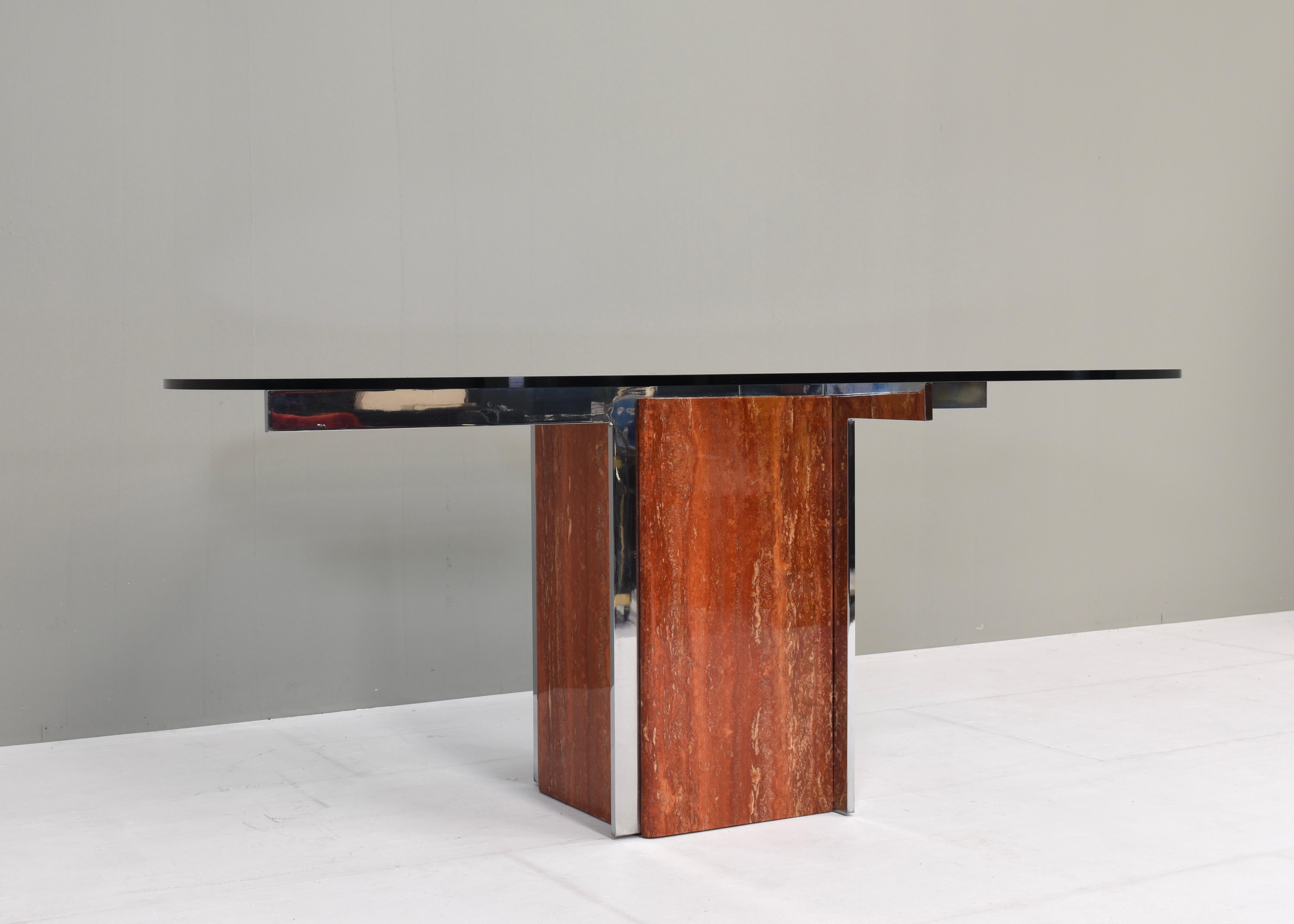 Late 20th Century Modern Italian Oval Dining Table in Marble, Chrome and Glass, Italy, circa 1970 For Sale