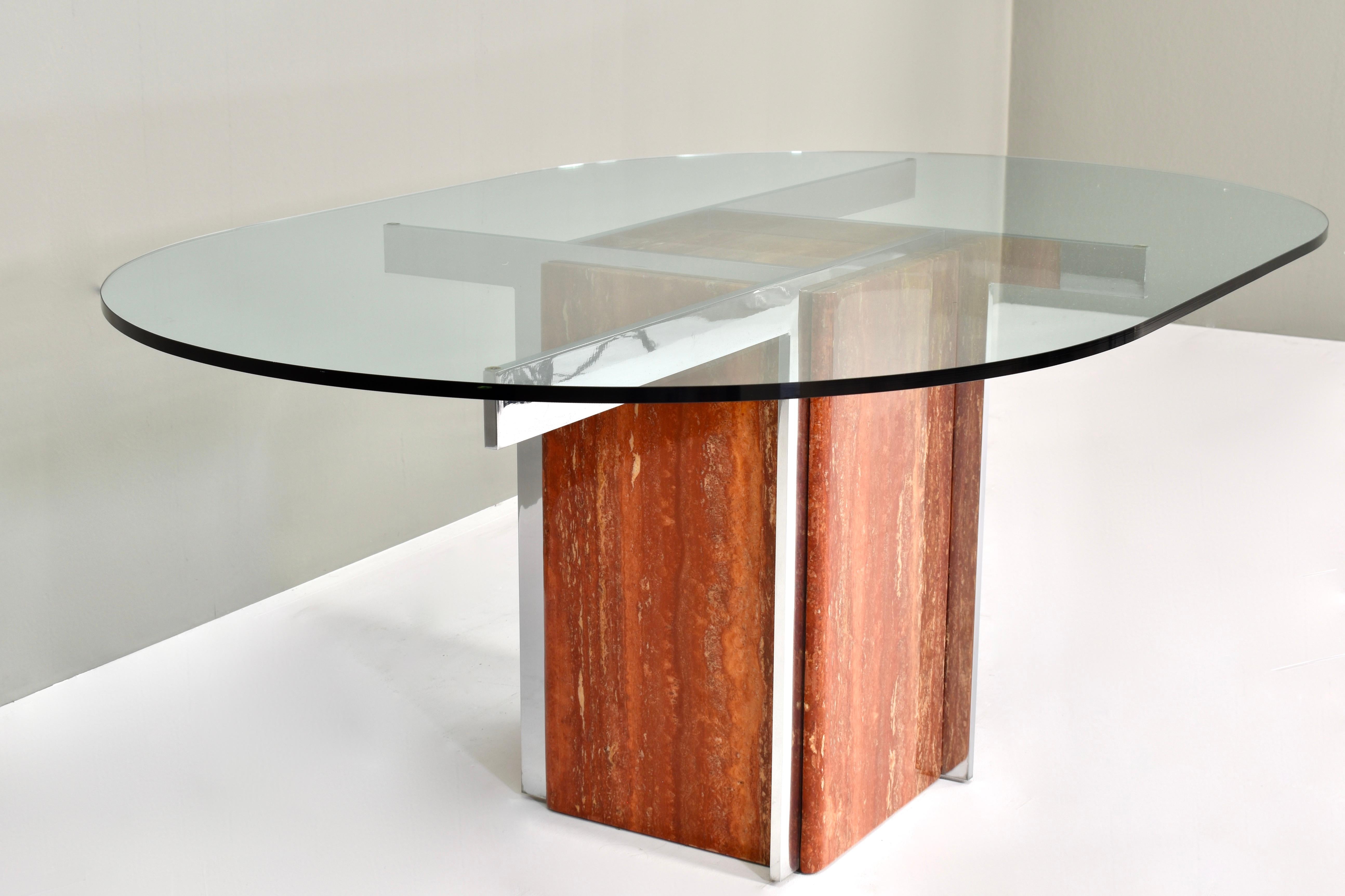 Modern Italian Oval Dining Table in Marble, Chrome and Glass, Italy, circa 1970 For Sale 1