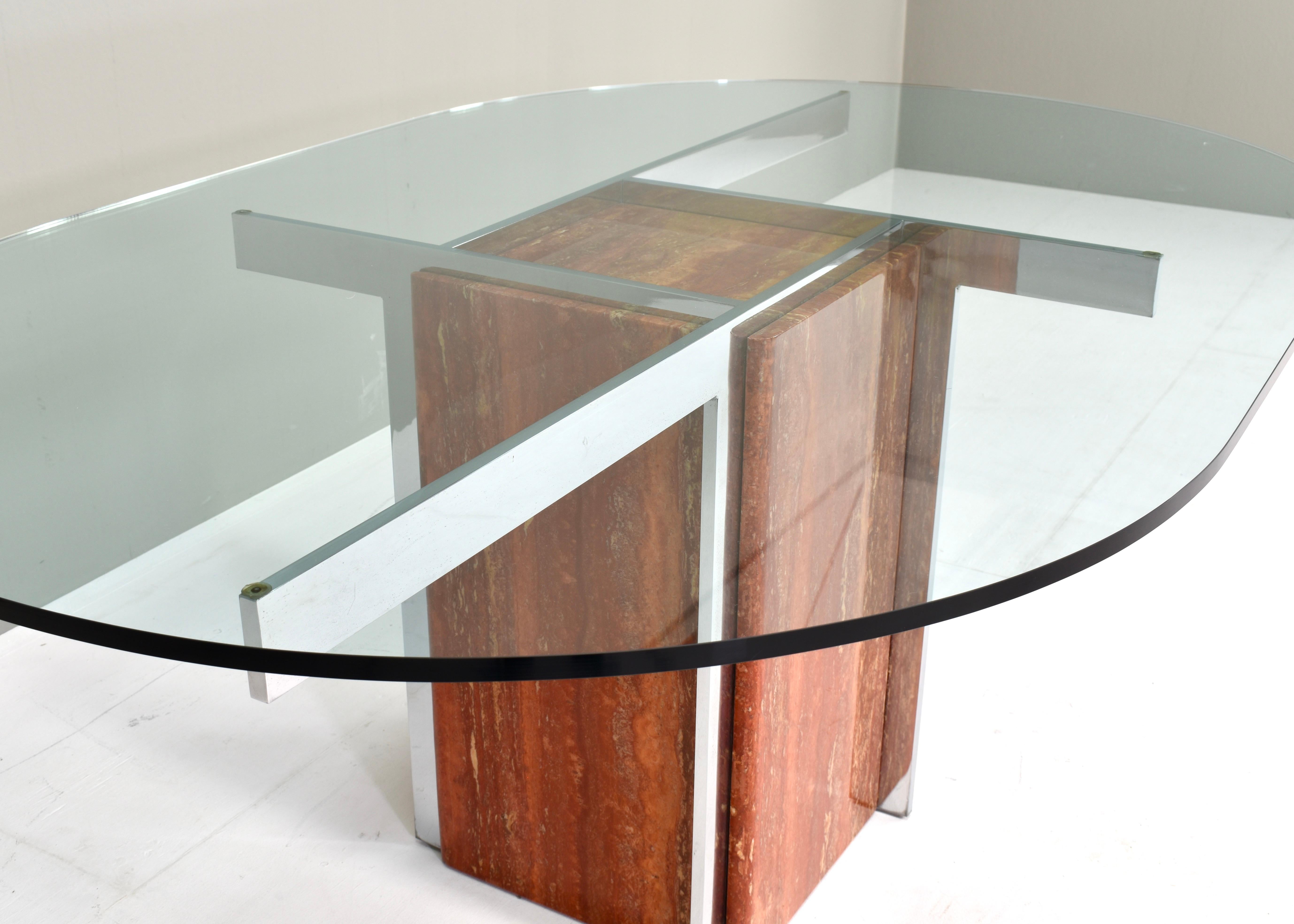 Modern Italian Oval Dining Table in Marble, Chrome and Glass, Italy, circa 1970 For Sale 2