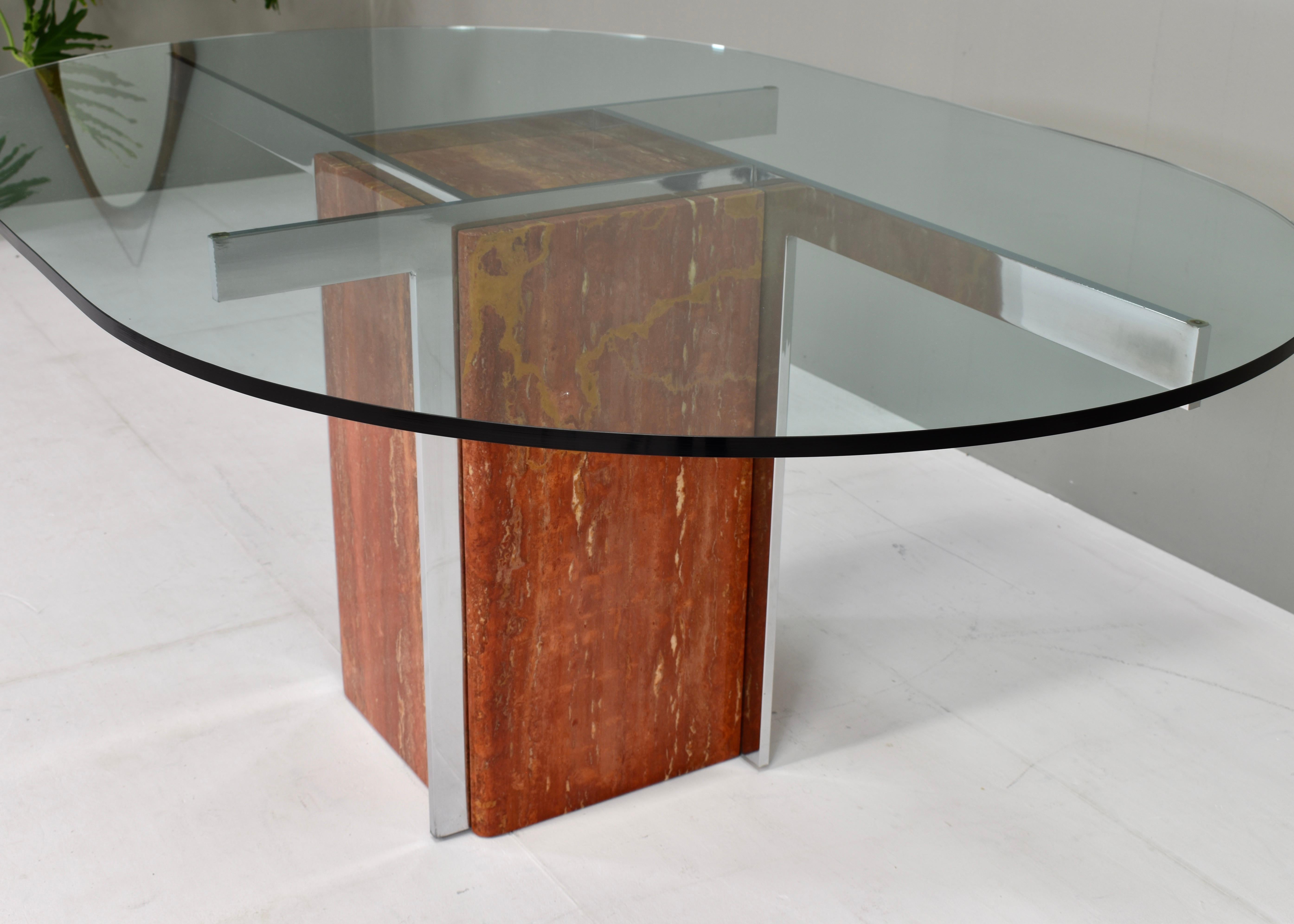 Modern Italian Oval Dining Table in Marble, Chrome and Glass, Italy, circa 1970 For Sale 3