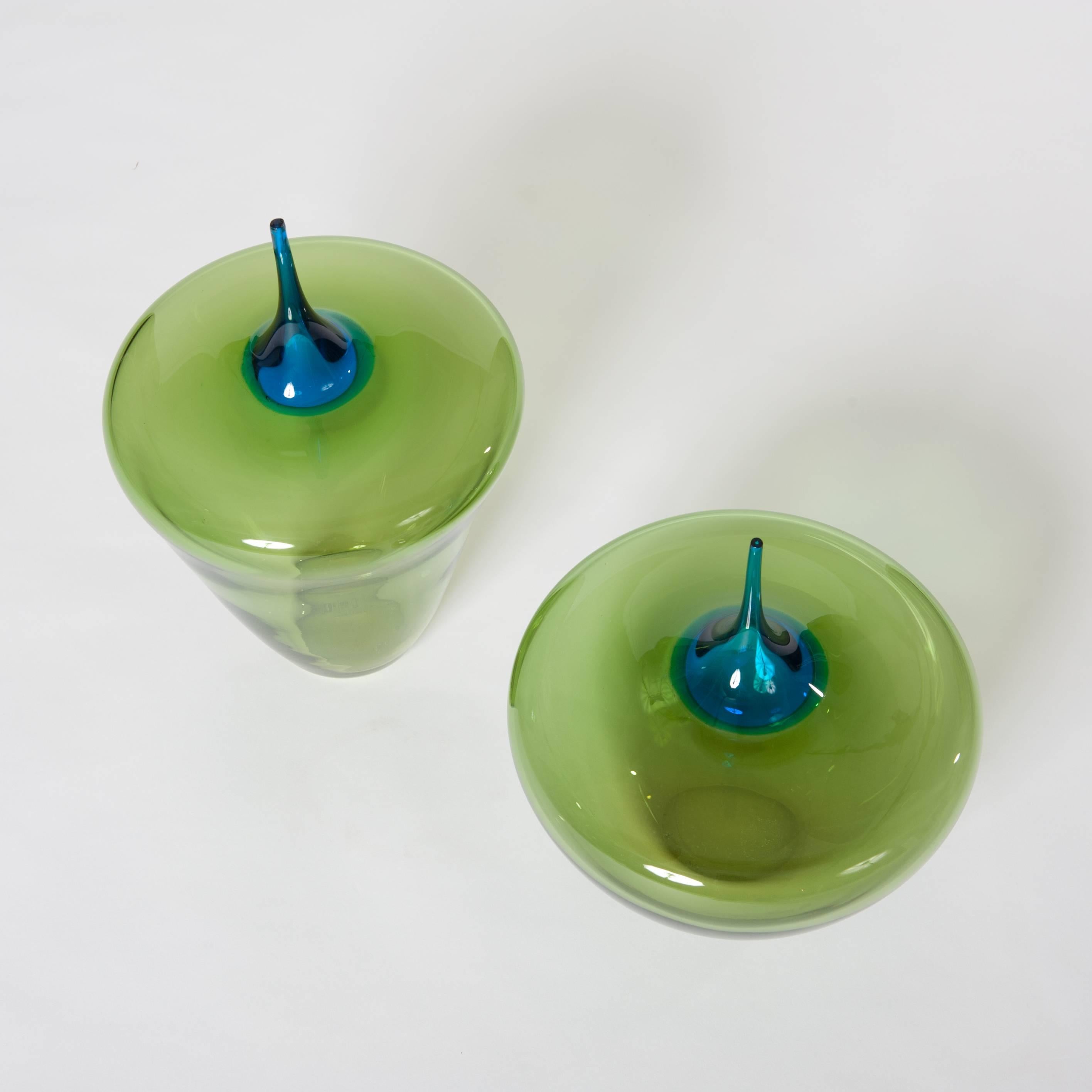 Hand-Crafted Modern Italian Pair of Grazile Green/Blue Murano Glass Vases Signed by P. Crepax