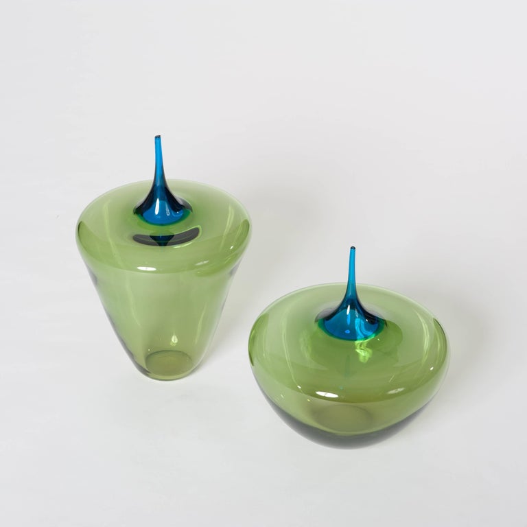 Modern Italian Pair of Grazile Green/Blue Murano Glass Vases Signed by